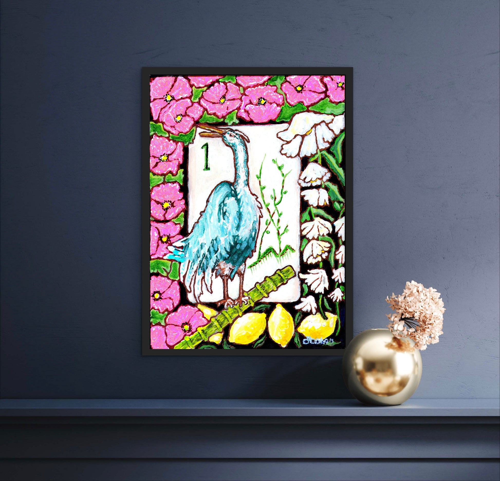 A beautiful painting  of a heron among flowers and lemons inspired by a vintage Bird Bam Mahjong Tile is perfect art for a Mahjong Game Room. 