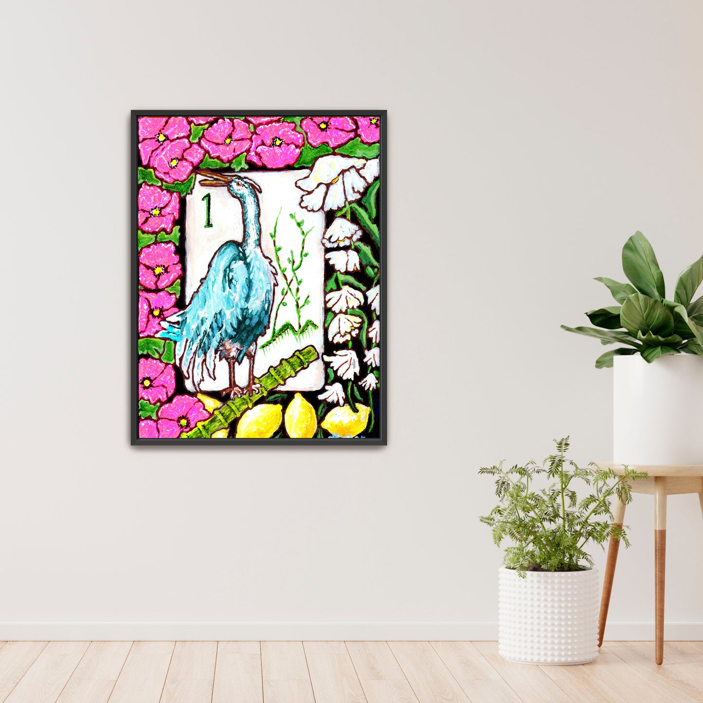 A beautiful painting  of a heron among flowers and lemons inspired by a vintage Bird Bam Mahjong Tile is perfect art for a Mahjong Game Room. 