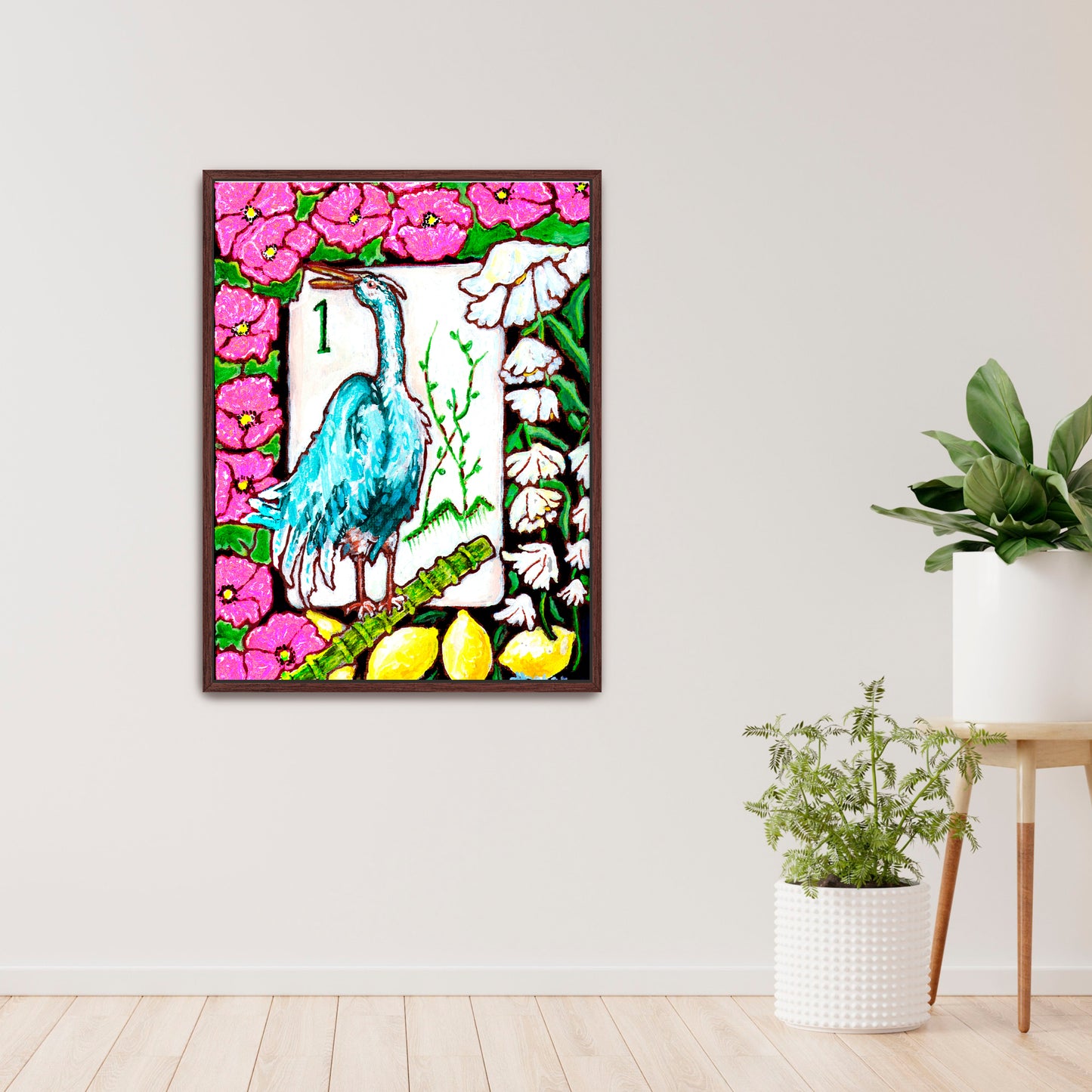 A beautiful painting  of a heron among flowers and lemons inspired by a vintage Bird Bam Mahjong Tile is perfect art for a Mahjong Game Room. 