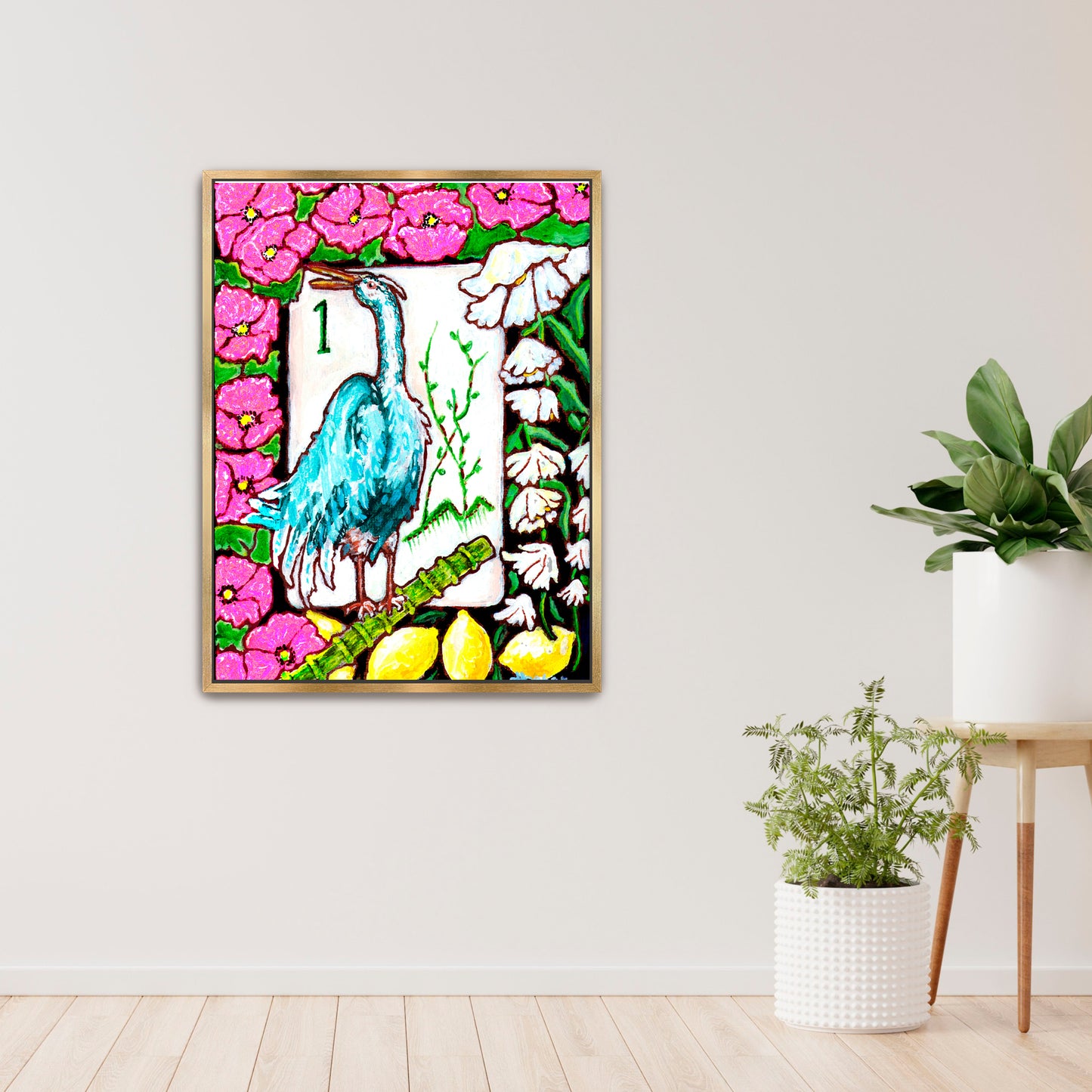 A beautiful painting  of a heron among flowers and lemons inspired by a vintage Bird Bam Mahjong Tile is perfect art for a Mahjong Game Room. 