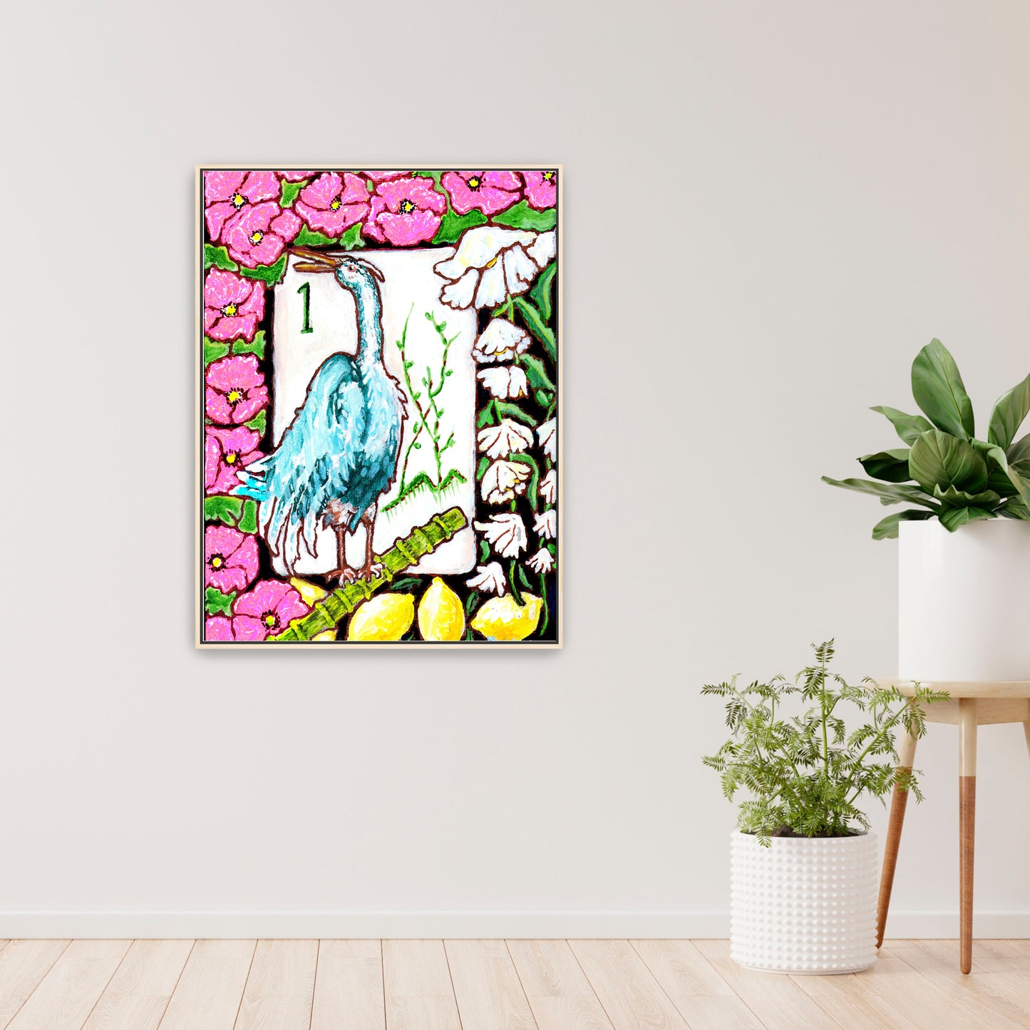 A beautiful painting  of a heron among flowers and lemons inspired by a vintage Bird Bam Mahjong Tile is perfect art for a Mahjong Game Room. 