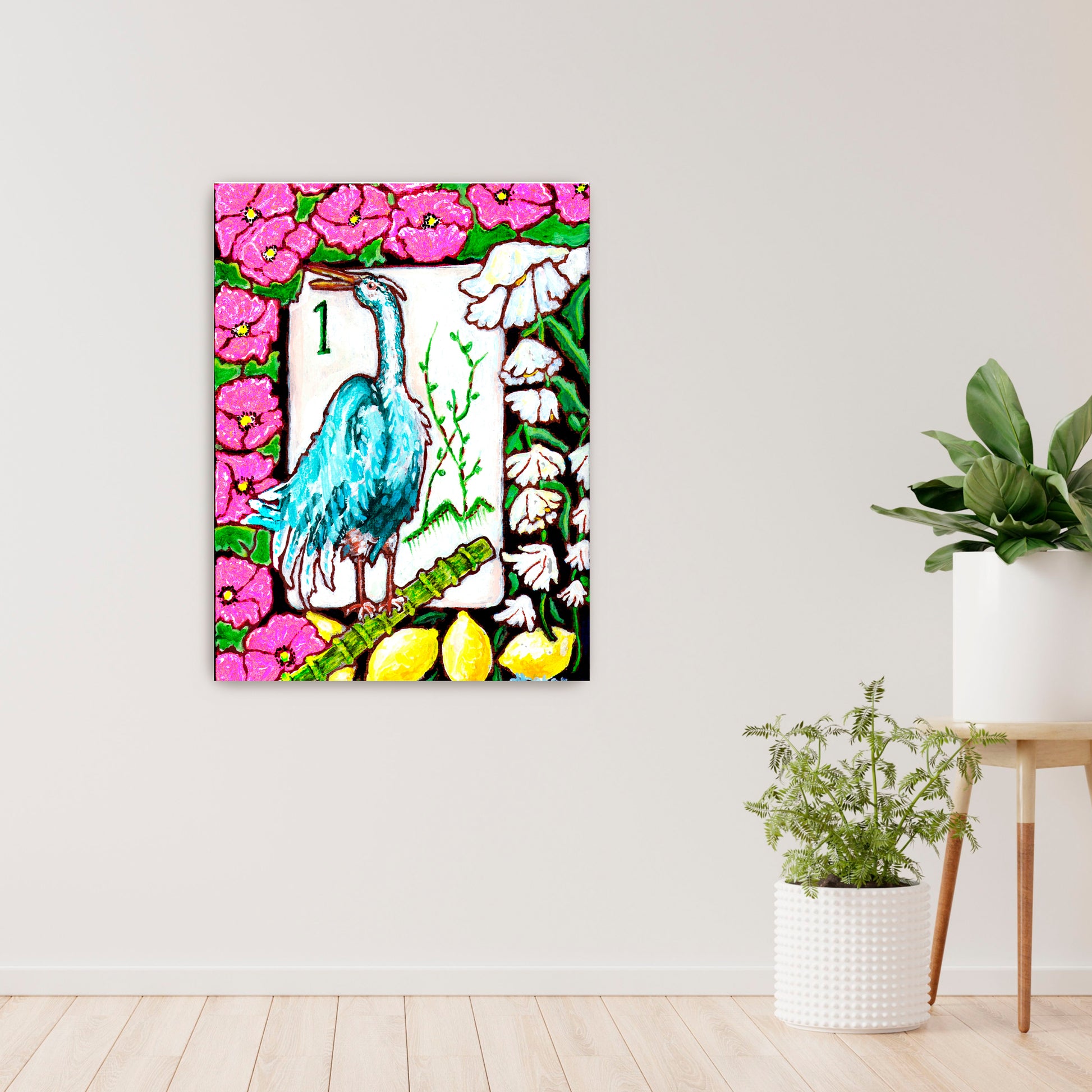 A beautiful painting  of a heron among flowers and lemons inspired by a vintage Bird Bam Mahjong Tile is perfect art for a Mahjong Game Room. 