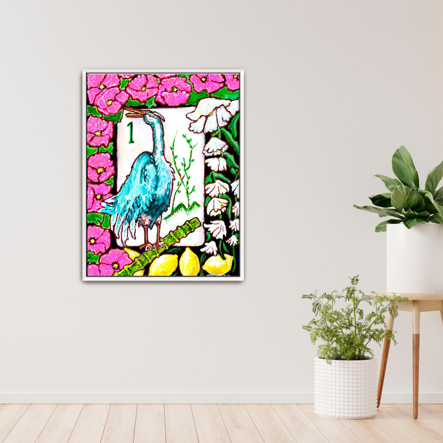 A beautiful painting  of a heron among flowers and lemons inspired by a vintage Bird Bam Mahjong Tile is perfect art for a Mahjong Game Room. 
