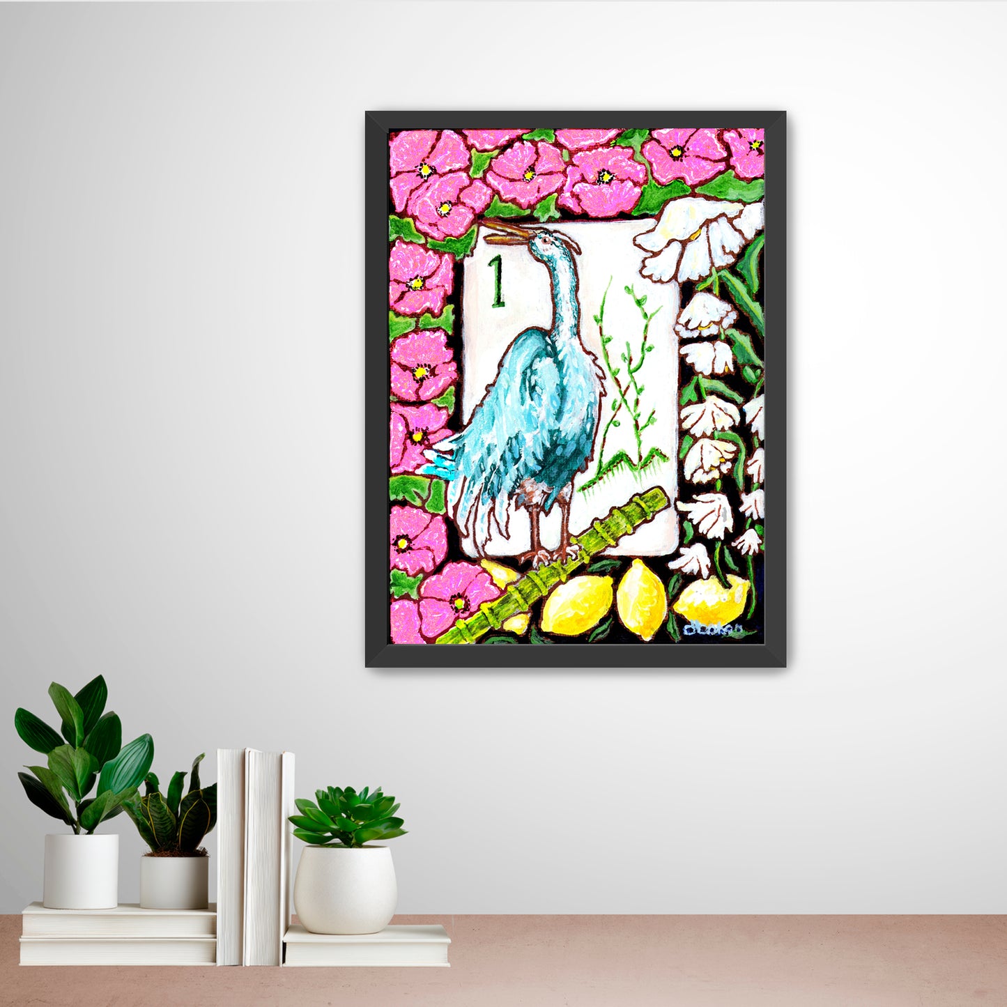 A beautiful painting  of a heron among flowers and lemons inspired by a vintage Bird Bam Mahjong Tile is perfect art for a Mahjong Game Room. 