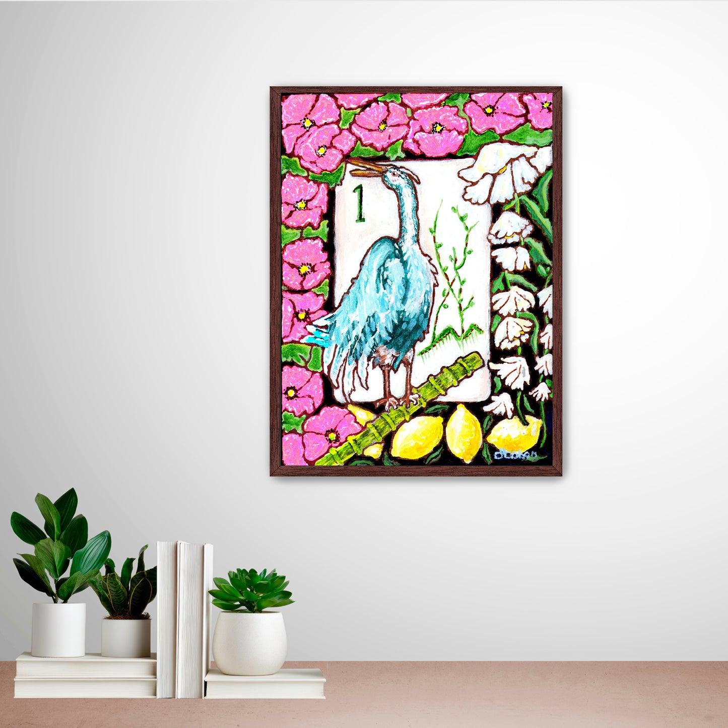 A beautiful painting  of a heron among flowers and lemons inspired by a vintage Bird Bam Mahjong Tile is perfect art for a Mahjong Game Room. 