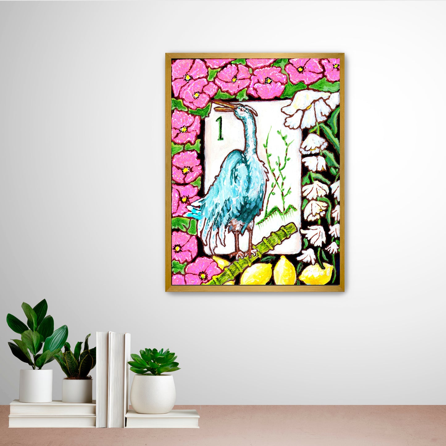 A beautiful painting  of a heron among flowers and lemons inspired by a vintage Bird Bam Mahjong Tile is perfect art for a Mahjong Game Room. 