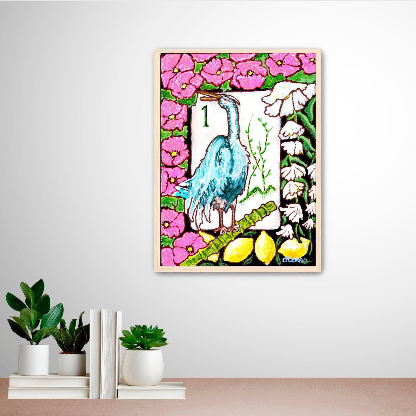 A beautiful painting  of a heron among flowers and lemons inspired by a vintage Bird Bam Mahjong Tile is perfect art for a Mahjong Game Room. 