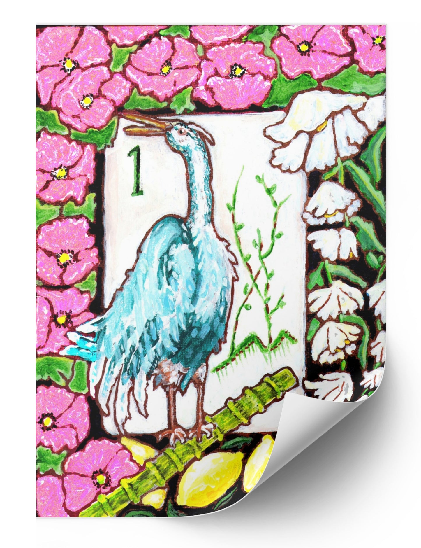 A beautiful painting  of a heron among flowers and lemons inspired by a vintage Bird Bam Mahjong Tile is perfect art for a Mahjong Game Room. 