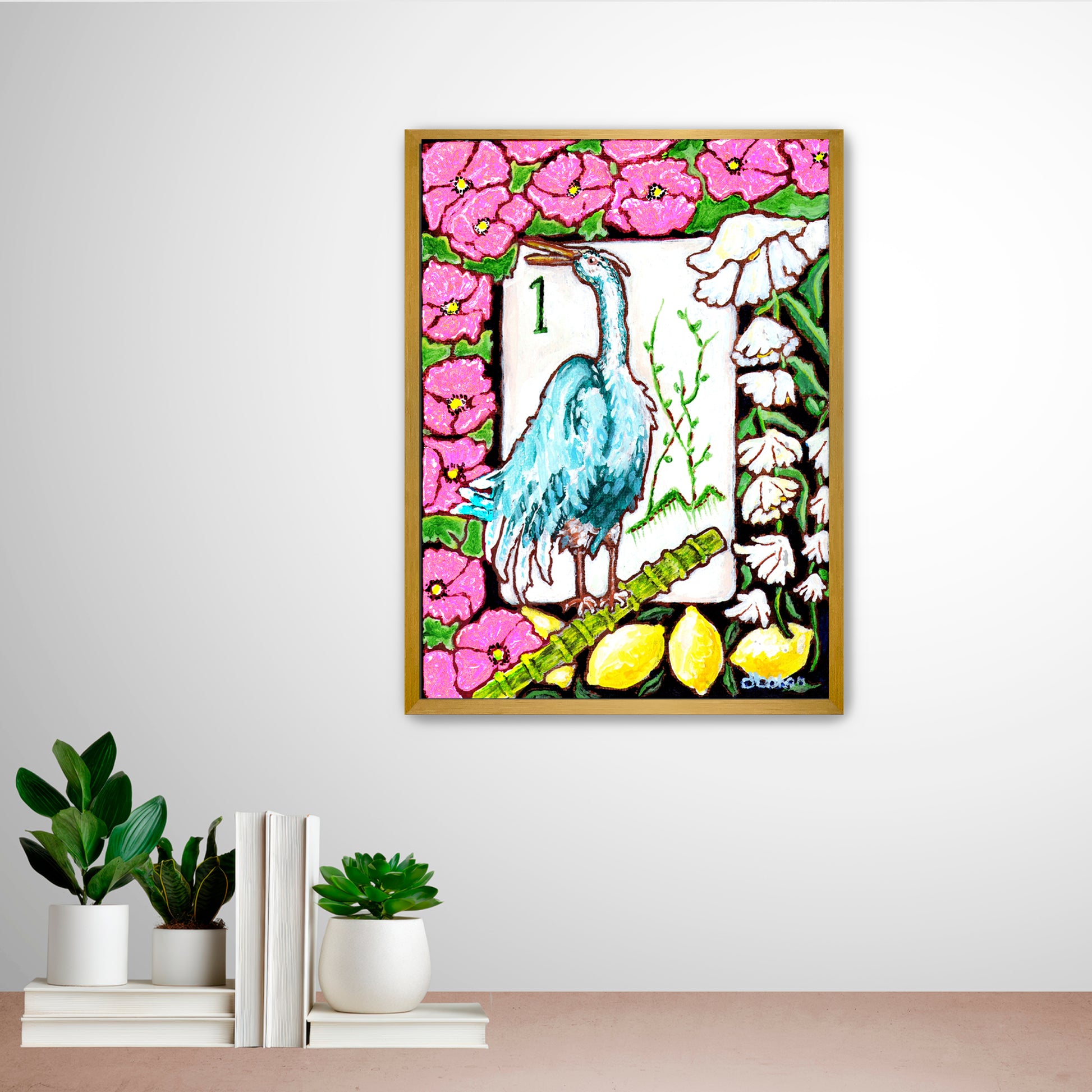 A beautiful painting  of a heron among flowers and lemons inspired by a vintage Bird Bam Mahjong Tile is perfect art for a Mahjong Game Room. 