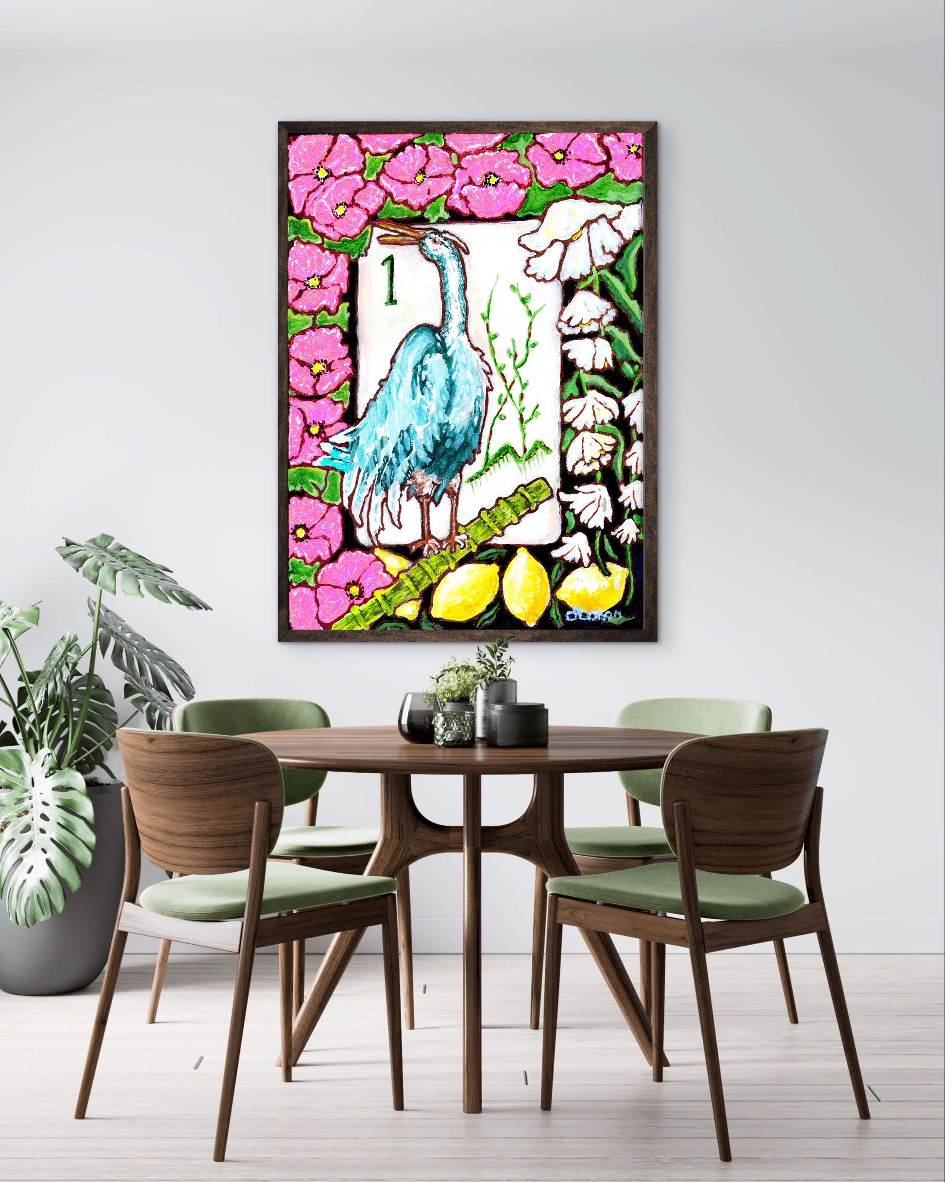 A beautiful painting  of a heron among flowers and lemons inspired by a vintage Bird Bam Mahjong Tile is perfect art for a Mahjong Game Room. 