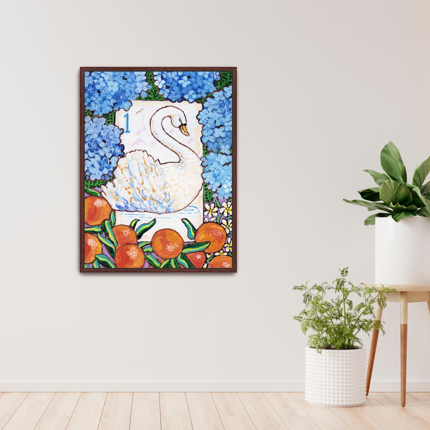 Framed artwork of a swan bird bam Mahjong tile among flowers and fruits on a wall with decorative books and plants below. This art is perfect for a Mahjong game room.