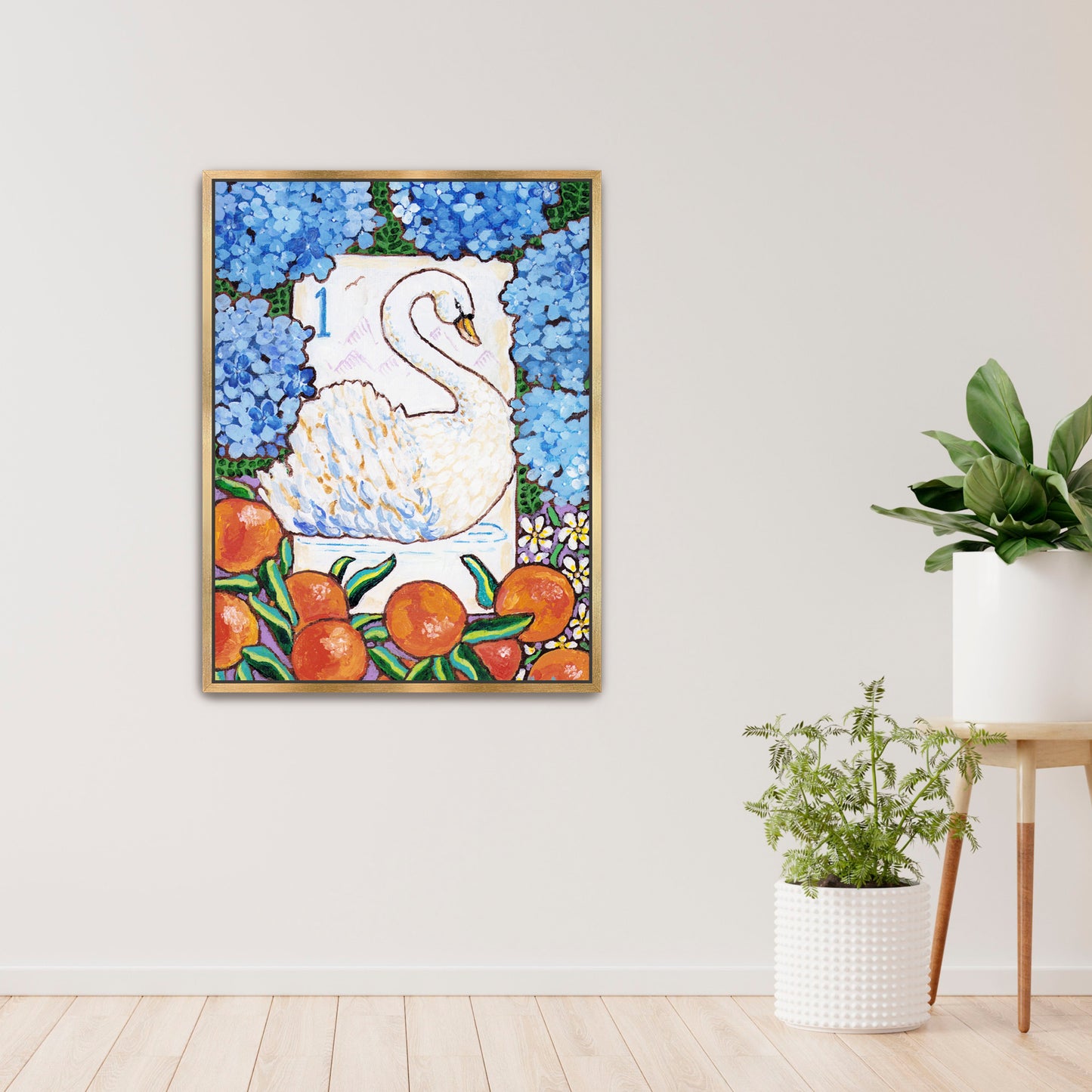 Framed artwork of a swan bird bam Mahjong tile among flowers and fruits on a wall with decorative books and plants below. This art is perfect for a Mahjong game room.