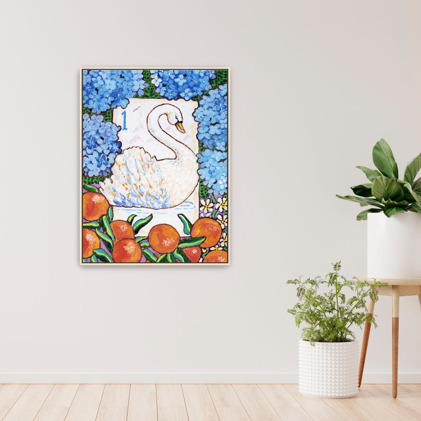 Framed artwork of a swan bird bam Mahjong tile among flowers and fruits on a wall with decorative books and plants below. This art is perfect for a Mahjong game room.