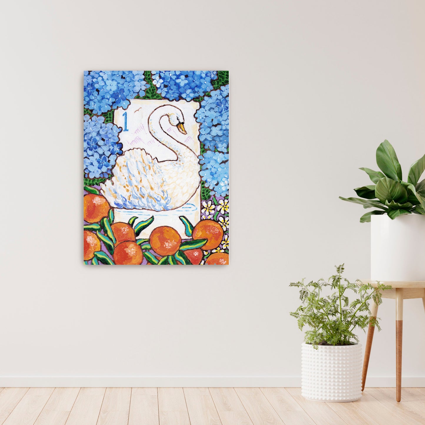 Framed artwork of a swan bird bam Mahjong tile among flowers and fruits on a wall with decorative books and plants below. This art is perfect for a Mahjong game room.