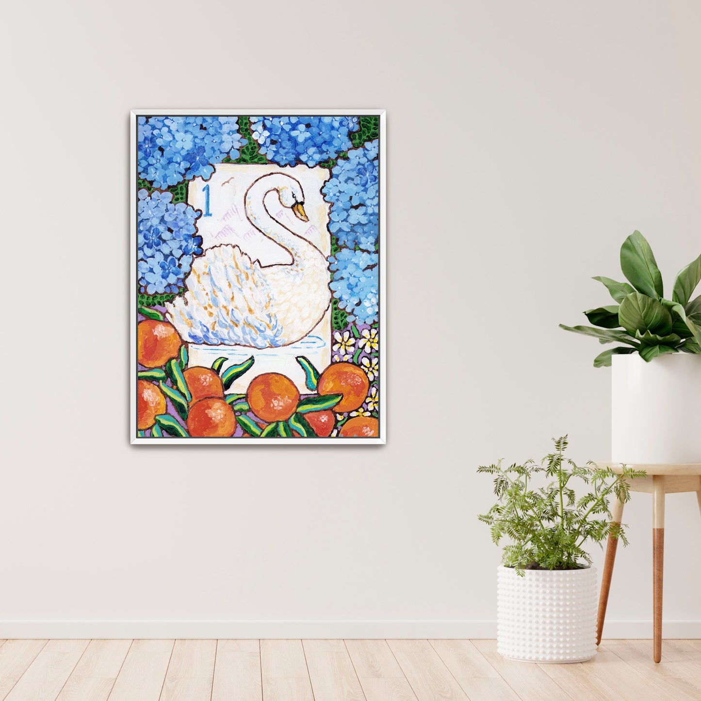 Framed artwork of a swan bird bam Mahjong tile among flowers and fruits on a wall with decorative books and plants below. This art is perfect for a Mahjong game room.