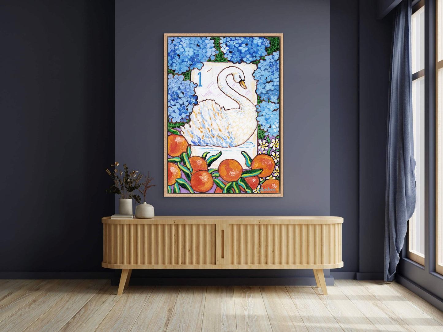 Framed artwork of a swan bird bam Mahjong tile among flowers and fruits on a wall with plants below. This art is perfect for a Mahjong game room.