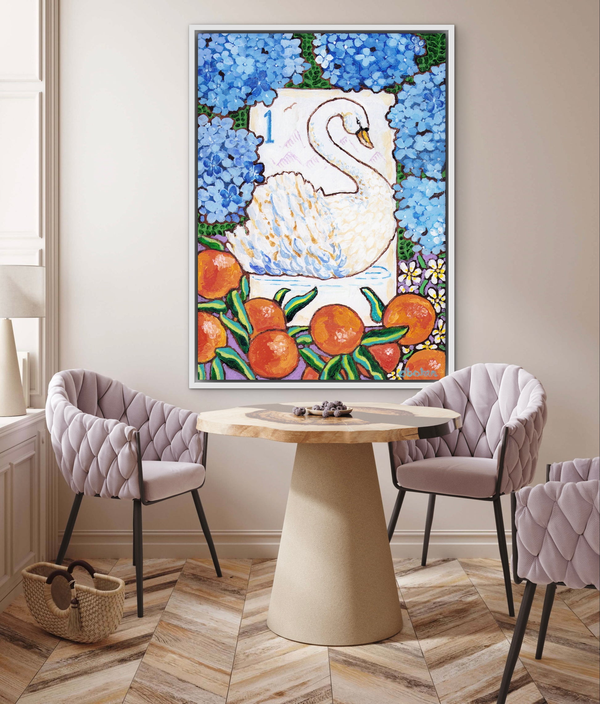 Framed artwork of a swan bird bam Mahjong tile among flowers and fruits on a wall with decorative books and plants below. This art is perfect for a Mahjong game room.