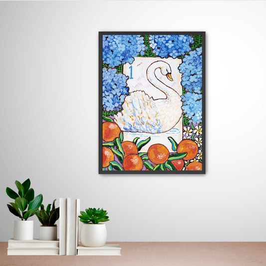 Framed artwork of a swan bird bam Mahjong tile among flowers and fruits on a wall with decorative books and plants below. This art is perfect for a Mahjong game room.