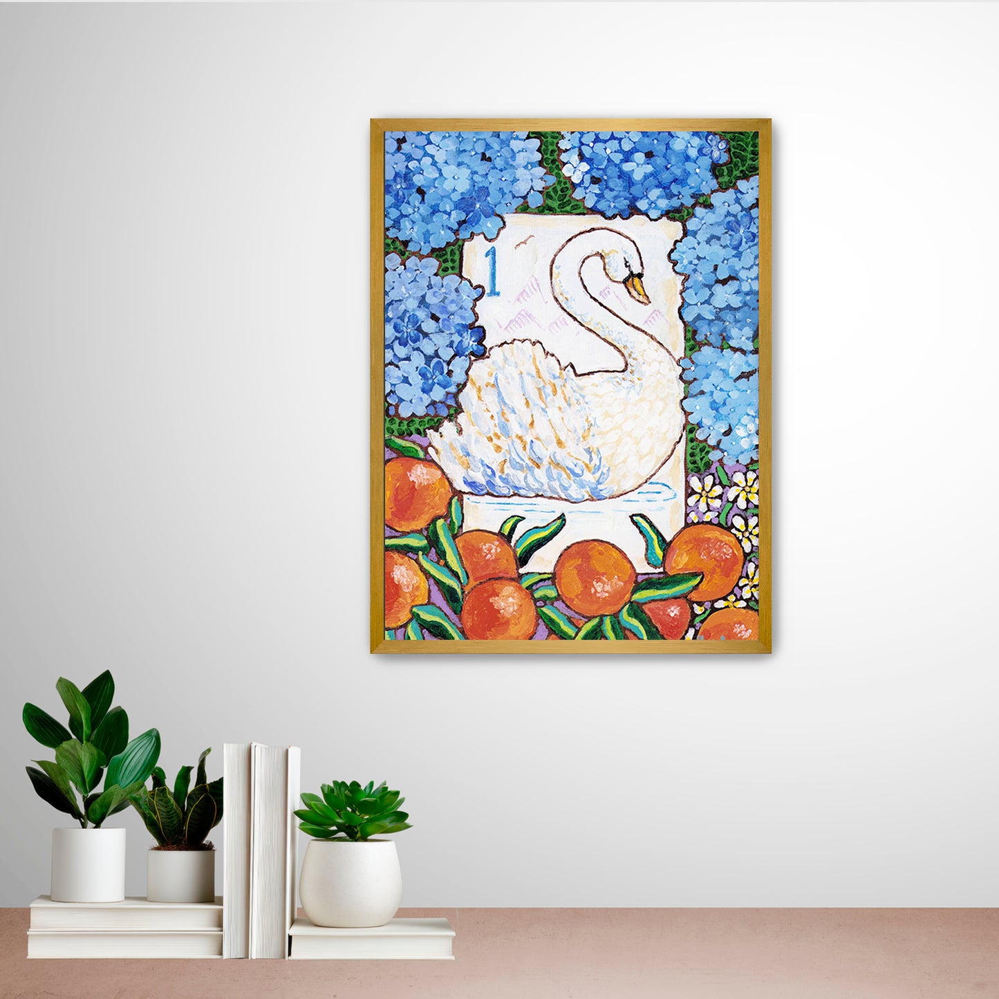 Framed artwork of a swan bird bam Mahjong tile among flowers and fruits on a wall with decorative books and plants below. This art is perfect for a Mahjong game room.