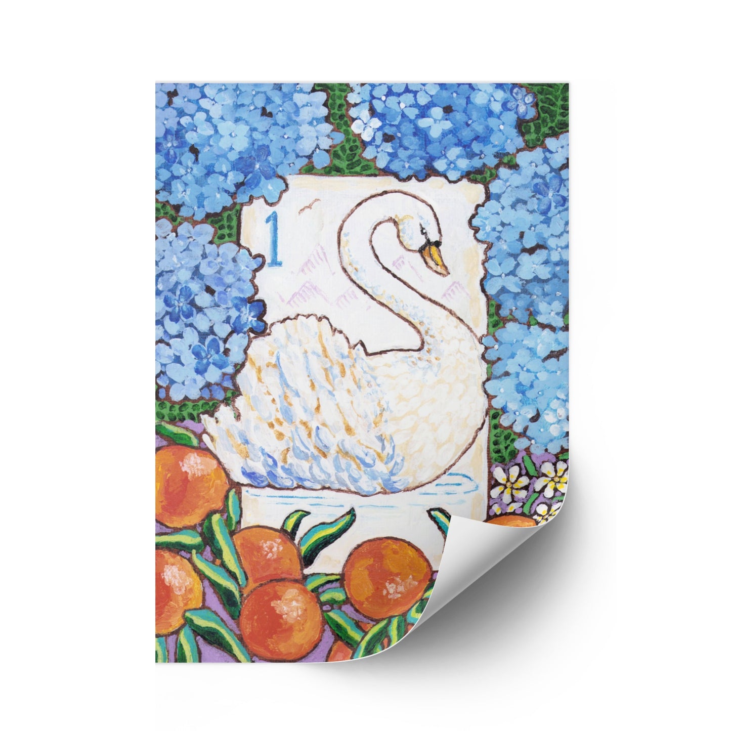Framed artwork of a swan surrounded by flowers and fruits on a white wall with decorative books and plants.
