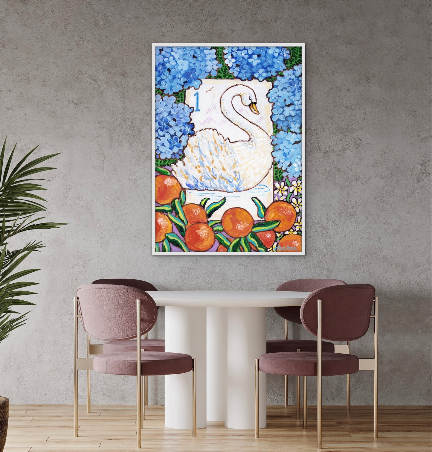 Framed artwork of a swan bird bam Mahjong tile among flowers and fruits on a wall with decorative books and plants below. This art is perfect for a Mahjong game room.