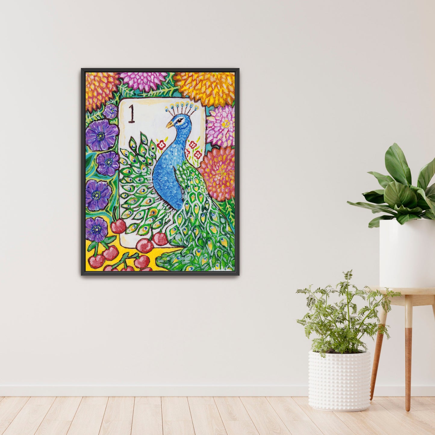 A colorful Bird Bam Mahjong Tile paintng featuring a peacock with anemone flowers, dahlia flowers and cherries. This art is perfect for a mahjong room.
