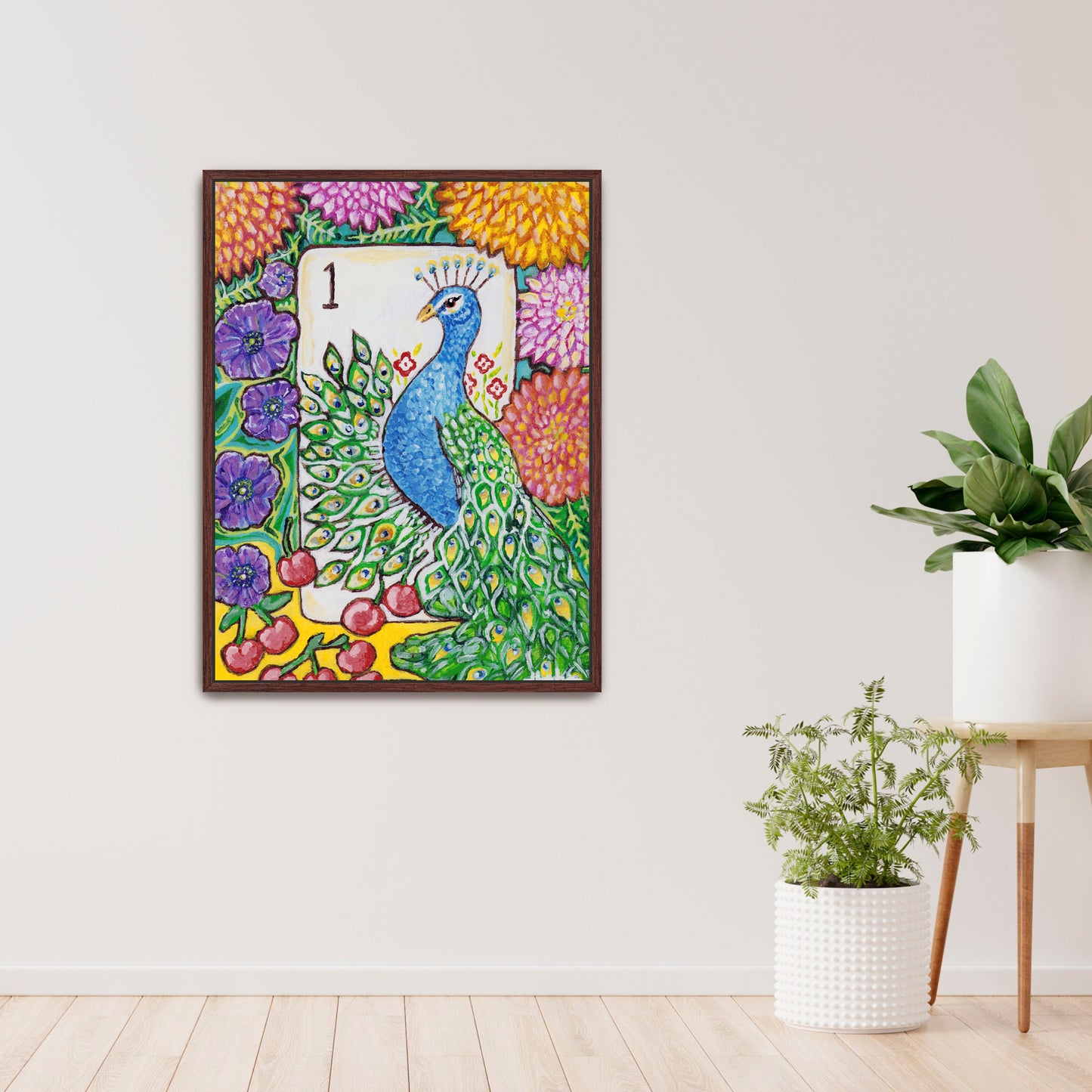 A colorful Bird Bam Mahjong Tile paintng featuring a peacock with anemone flowers, dahlia flowers and cherries. This art is perfect for a mahjong room.
