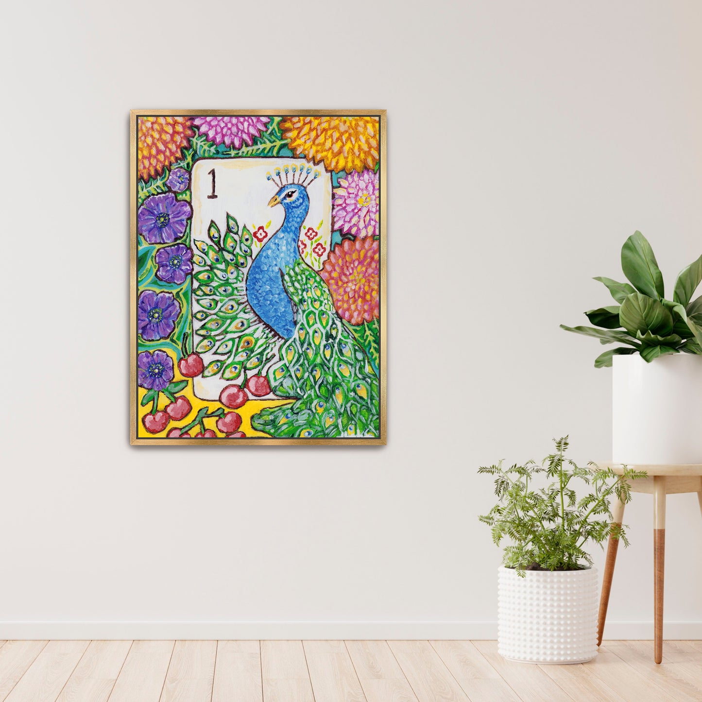 A colorful Bird Bam Mahjong Tile paintng featuring a peacock with anemone flowers, dahlia flowers and cherries. This art is perfect for a mahjong room.
