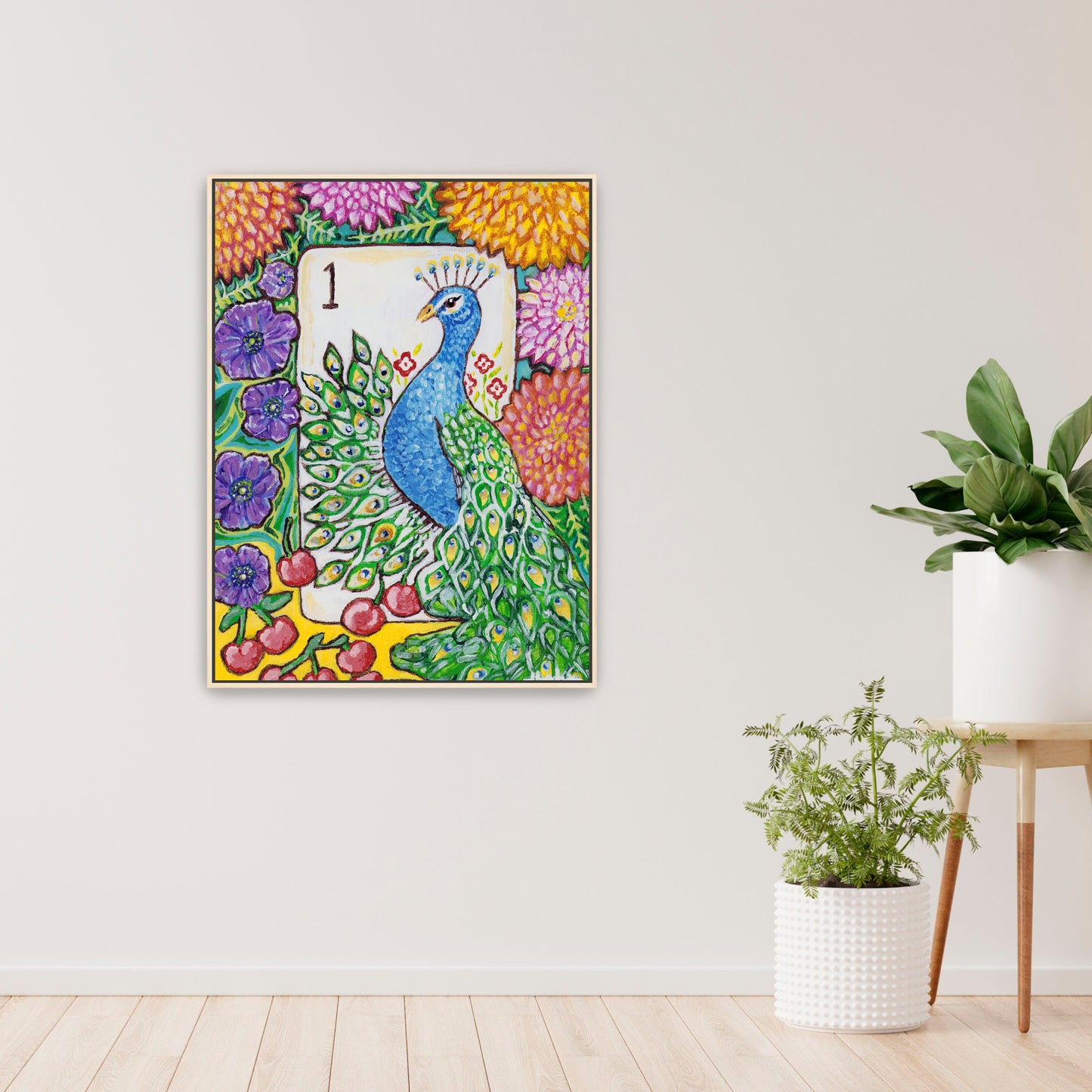 A colorful Bird Bam Mahjong Tile paintng featuring a peacock with anemone flowers, dahlia flowers and cherries. This art is perfect for a mahjong room.