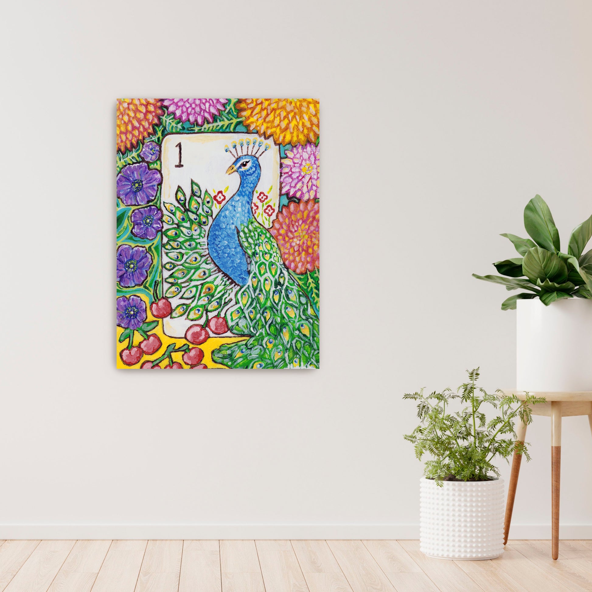 A colorful Bird Bam Mahjong Tile paintng featuring a peacock with anemone flowers, dahlia flowers and cherries. This art is perfect for a mahjong room.