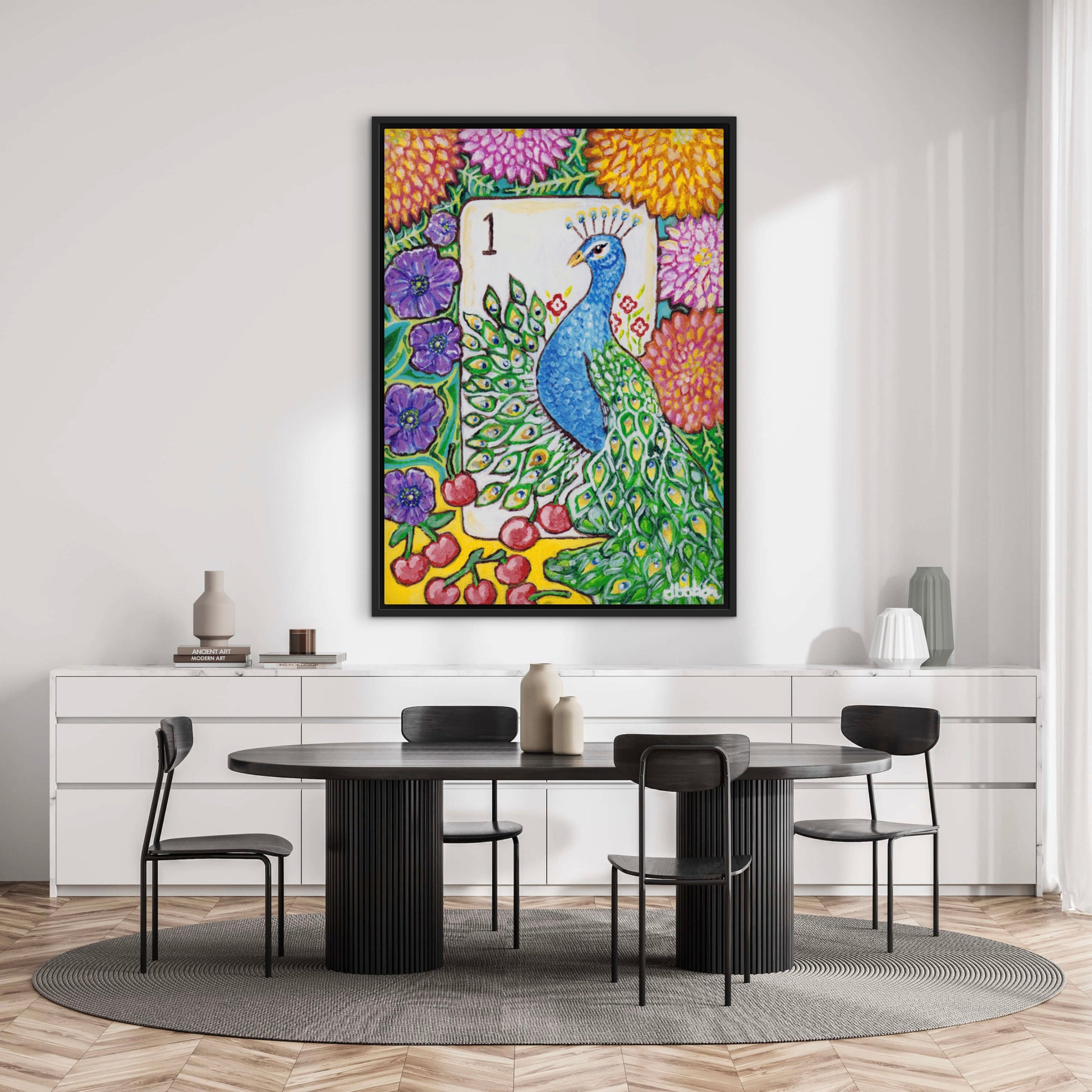 A colorful Bird Bam Mahjong Tile paintng featuring a peacock with anemone flowers, dahlia flowers and cherries. This art is perfect for a mahjong room.