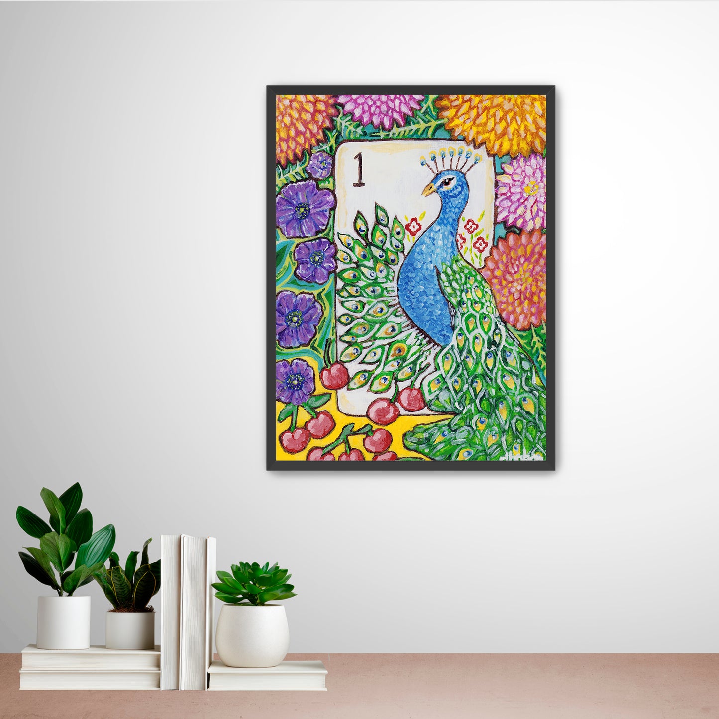 A colorful Bird Bam Mahjong Tile paintng featuring a peacock with anemone flowers, dahlia flowers and cherries. This art is perfect for a mahjong room.