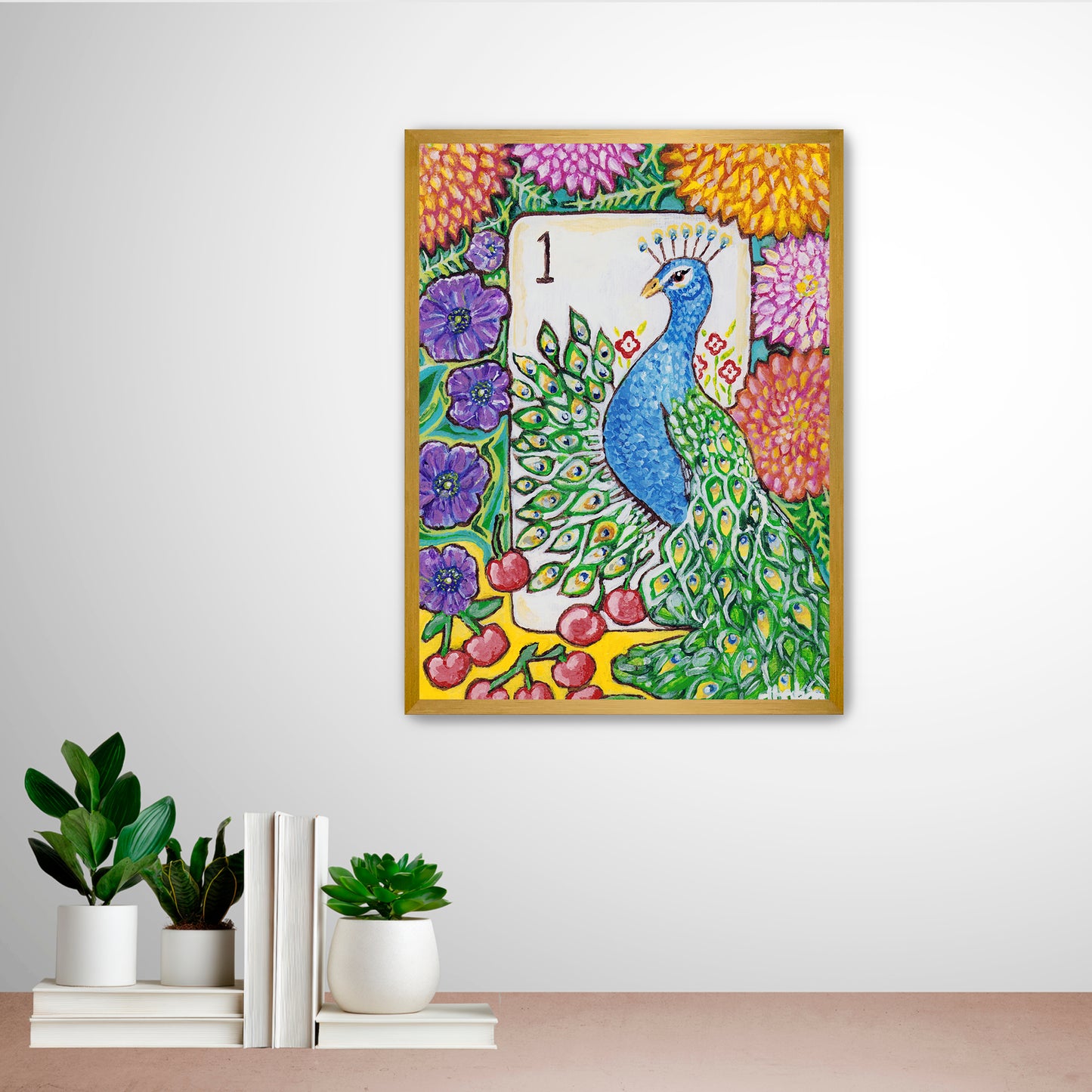 A colorful Bird Bam Mahjong Tile paintng featuring a peacock with anemone flowers, dahlia flowers and cherries. This art is perfect for a mahjong room.