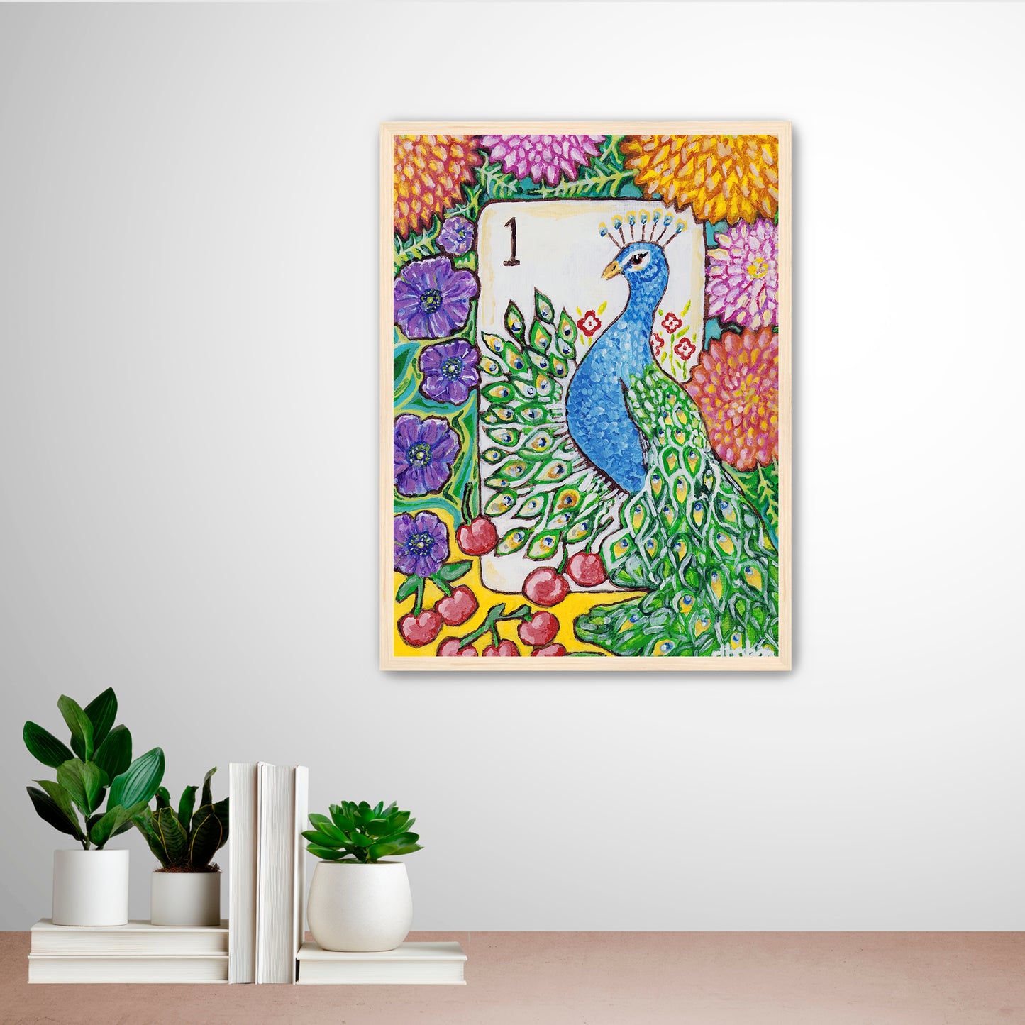 A colorful Bird Bam Mahjong Tile paintng featuring a peacock with anemone flowers, dahlia flowers and cherries. This art is perfect for a mahjong room.