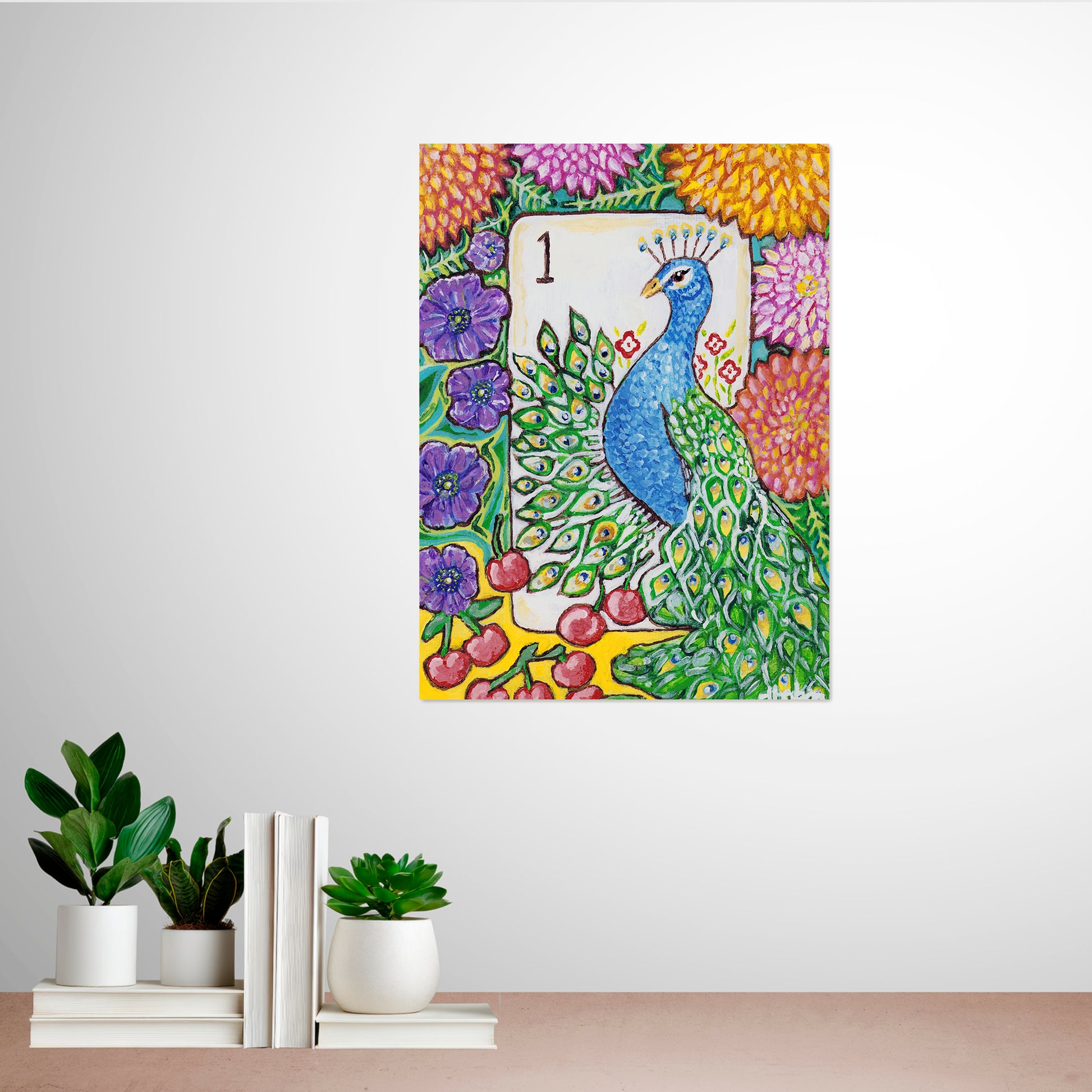A colorful Bird Bam Mahjong Tile paintng featuring a peacock with anemone flowers, dahlia flowers and cherries. This art is perfect for a mahjong room.