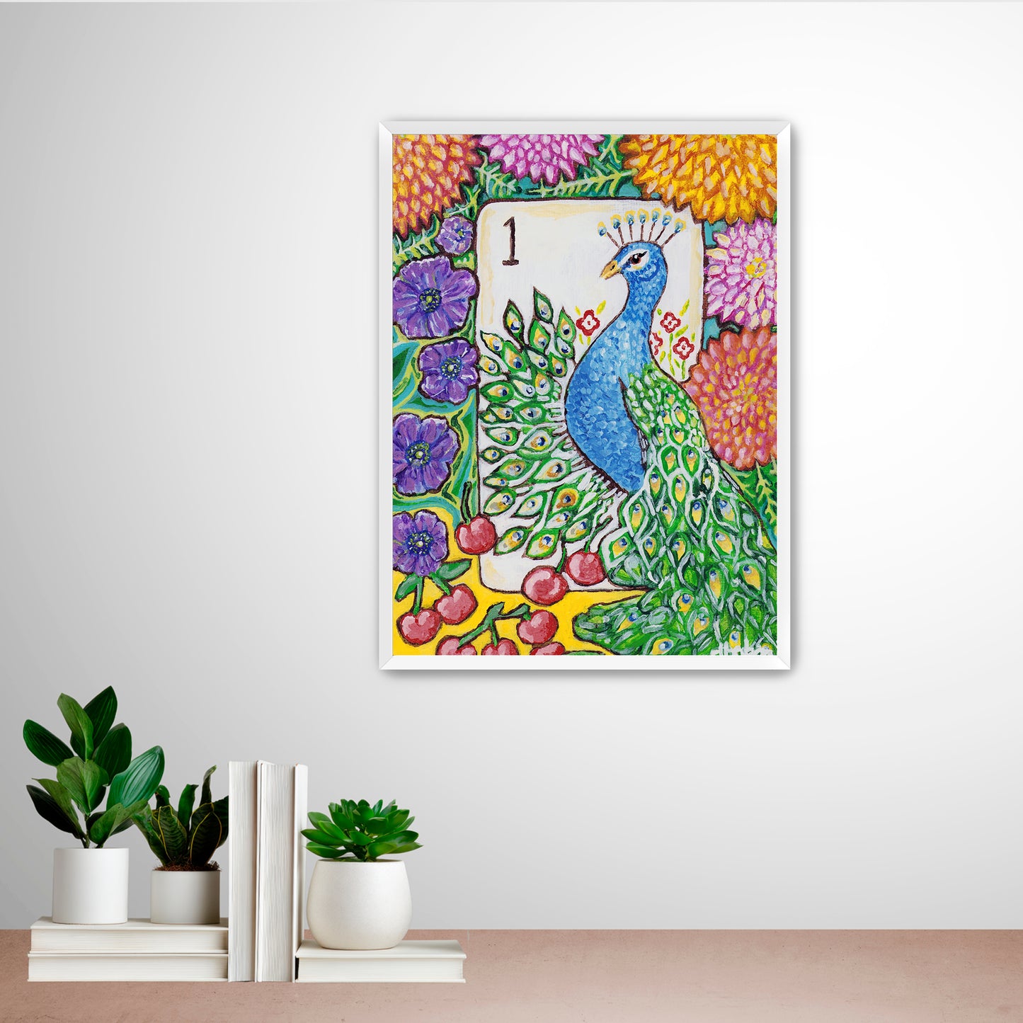 A colorful Bird Bam Mahjong Tile paintng featuring a peacock with anemone flowers, dahlia flowers and cherries. This art is perfect for a mahjong room.