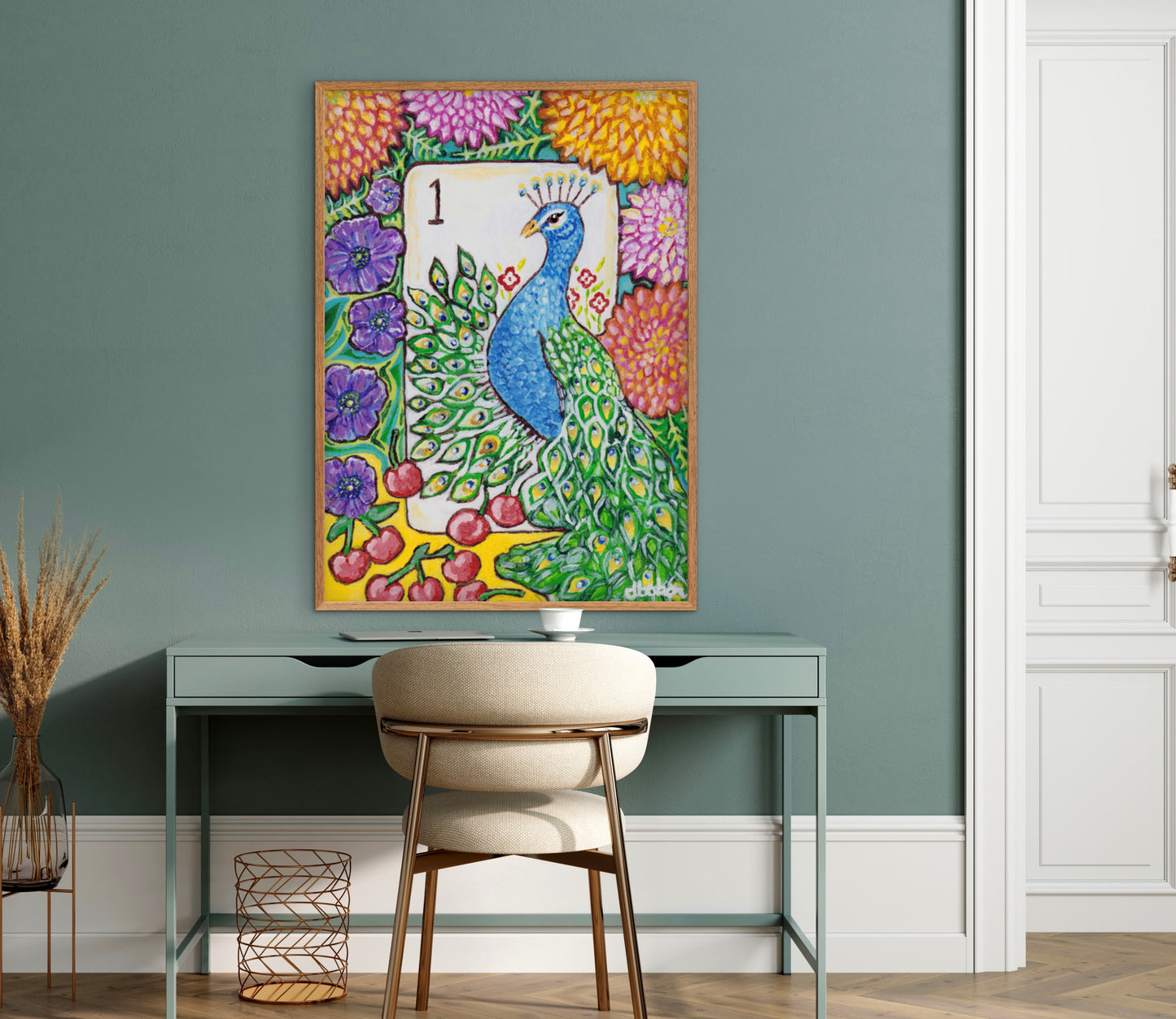 A colorful Bird Bam Mahjong Tile paintng featuring a peacock with anemone flowers, dahlia flowers and cherries. This art is perfect for a mahjong room.