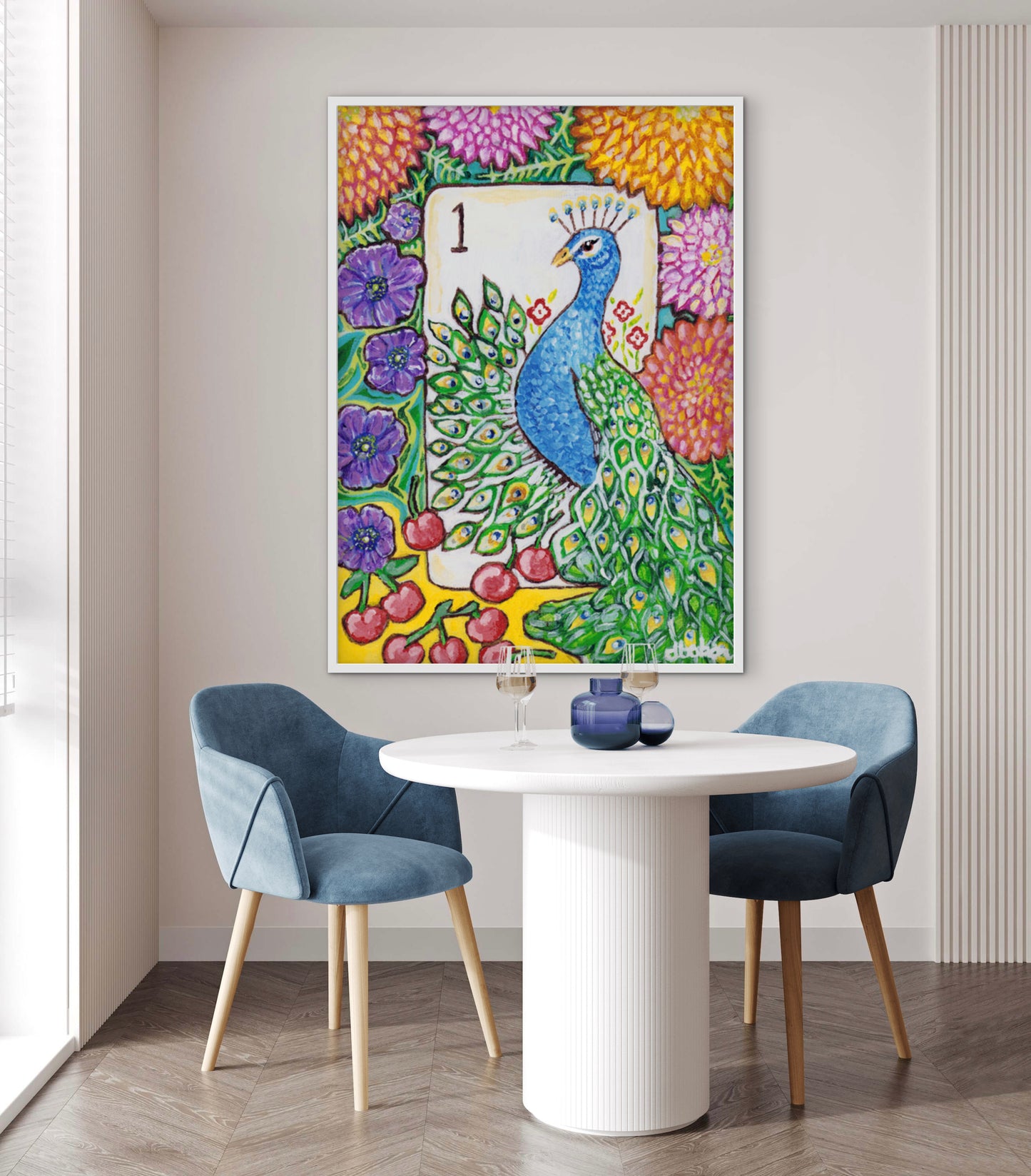 A colorful Bird Bam Mahjong Tile paintng featuring a peacock with anemone flowers, dahlia flowers and cherries. This art is perfect for a mahjong room.
