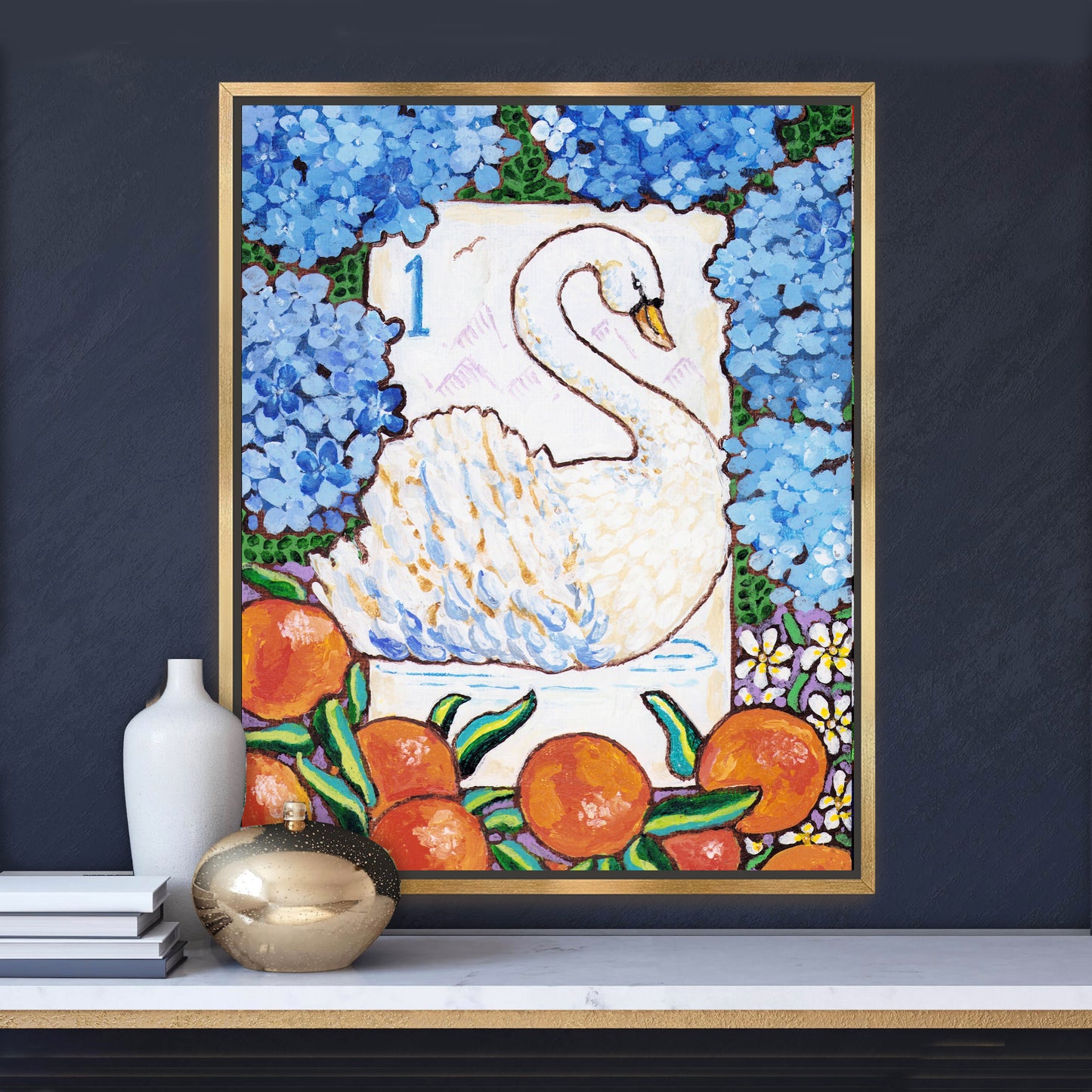 Framed artwork of a swan bird bam Mahjong tile among flowers and fruits on a wall with decorative books and plants below. This art is perfect for a Mahjong game room.
