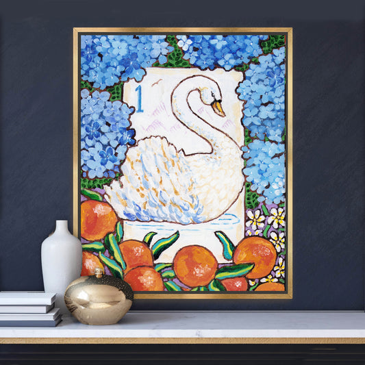 Framed artwork of a swan bird bam Mahjong tile among flowers and fruits on a wall with decorative books and plants below. This art is perfect for a Mahjong game room.