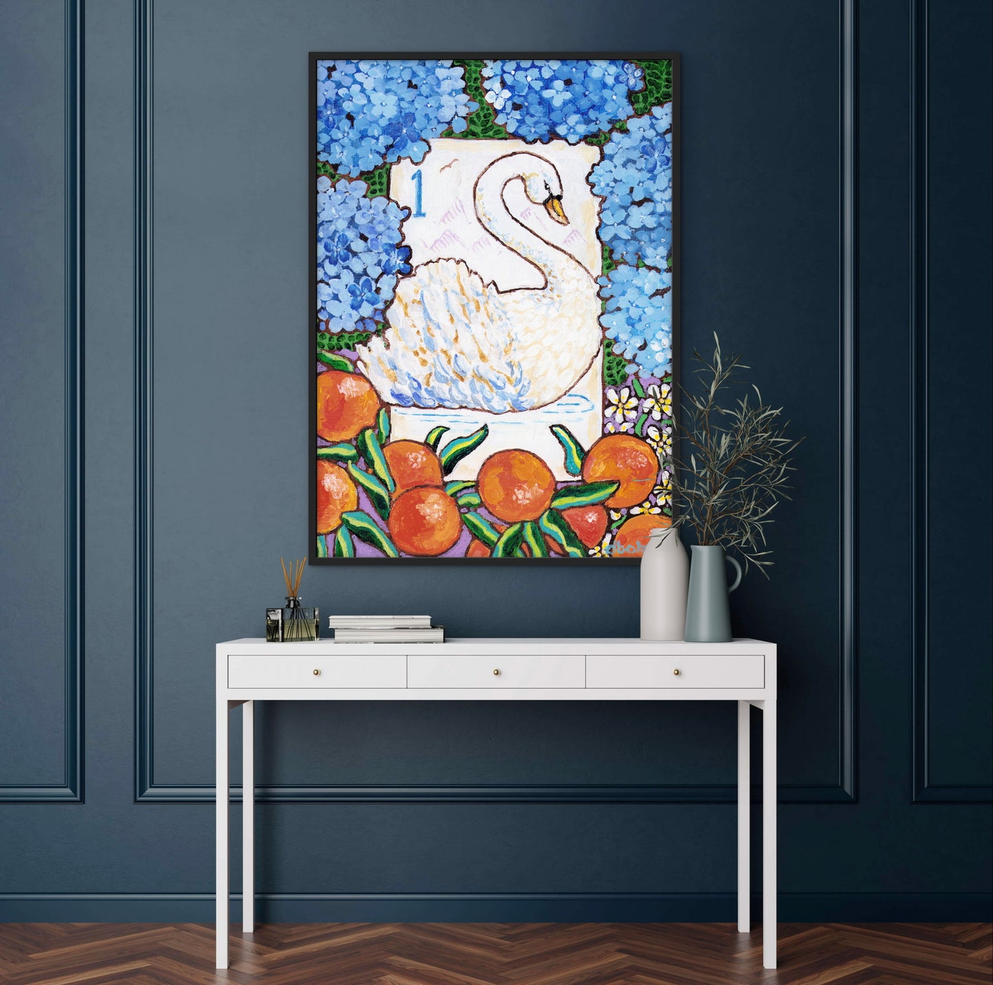Framed artwork of a swan bird bam Mahjong tile among flowers and fruits on a wall with decorative books and plants below. This art is perfect for a Mahjong game room.