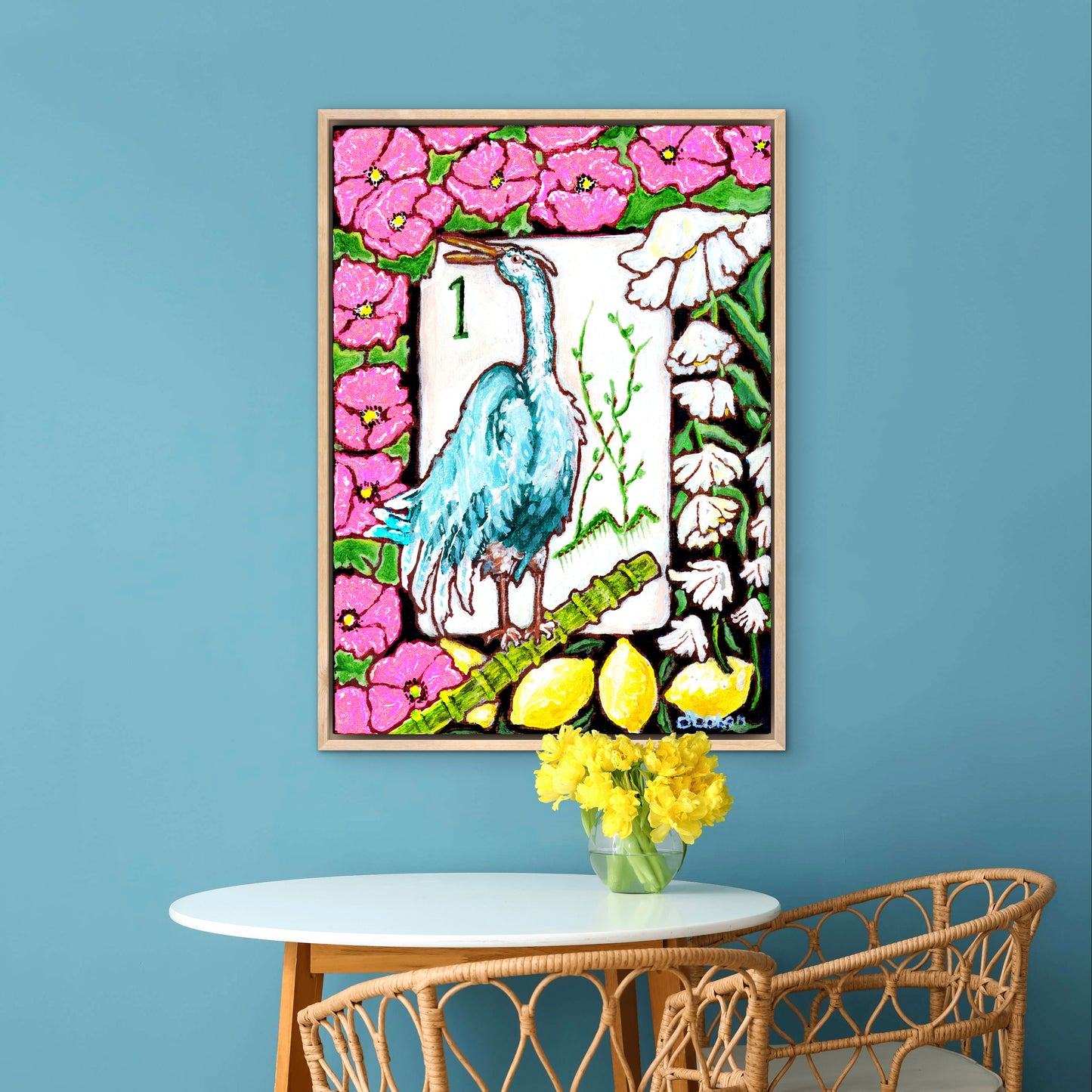 A beautiful painting  of a heron among flowers and lemons inspired by a vintage Bird Bam Mahjong Tile is perfect art for a Mahjong Game Room. 