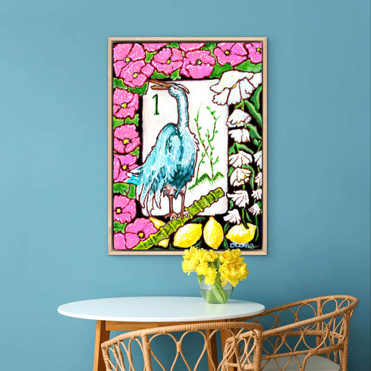 A beautiful painting  of a heron among flowers and lemons inspired by a vintage Bird Bam Mahjong Tile is perfect art for a Mahjong Game Room. 