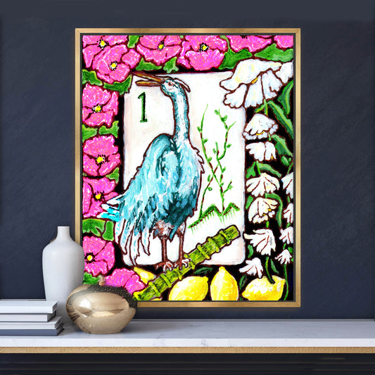 A beautiful painting  of a heron among flowers and lemons inspired by a vintage Bird Bam Mahjong Tile is perfect art for a Mahjong Game Room. 