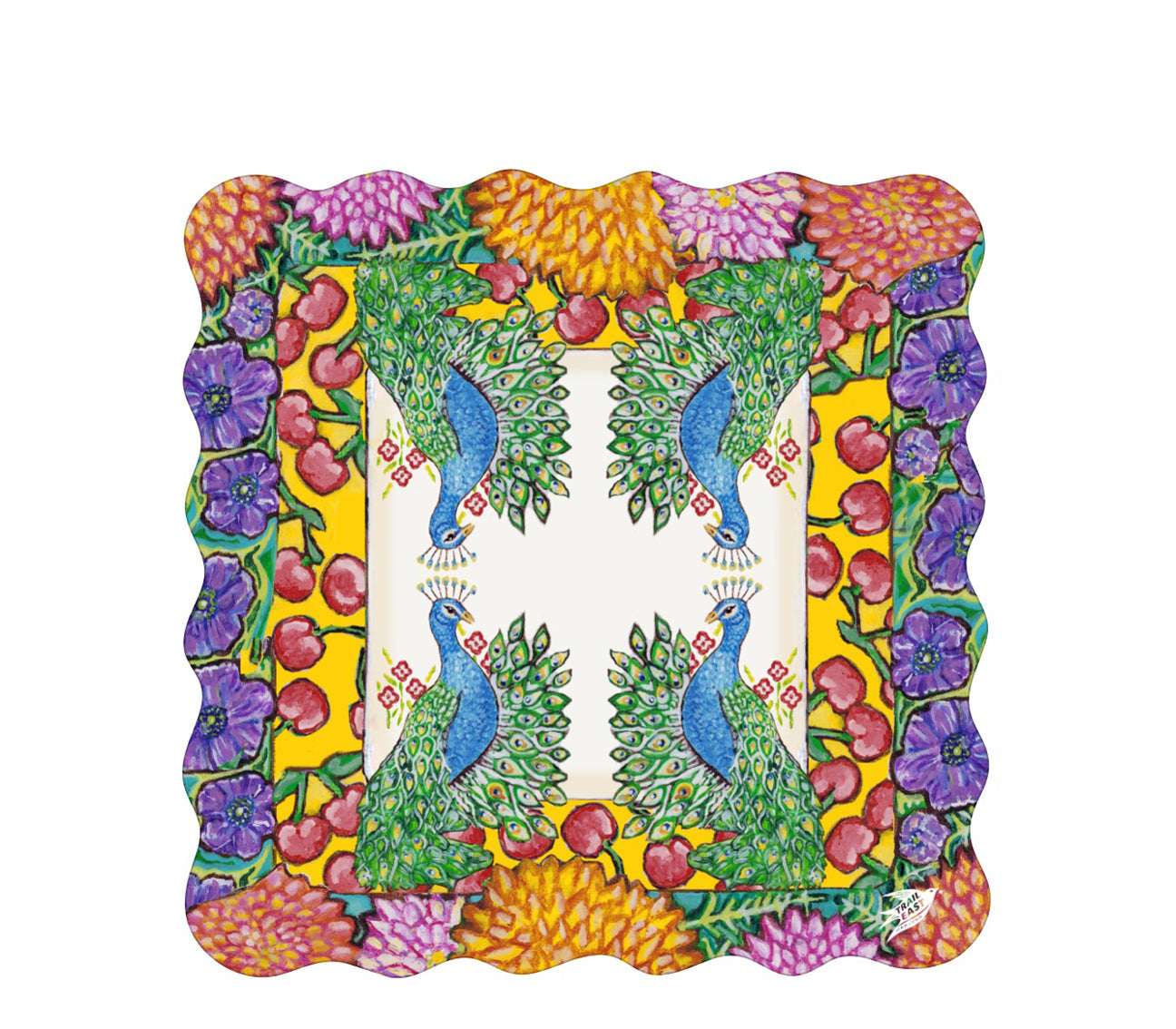 A scalloped mahjong mat featuring an original painting of peacocks, cherries, dahlias and anemones flowers.