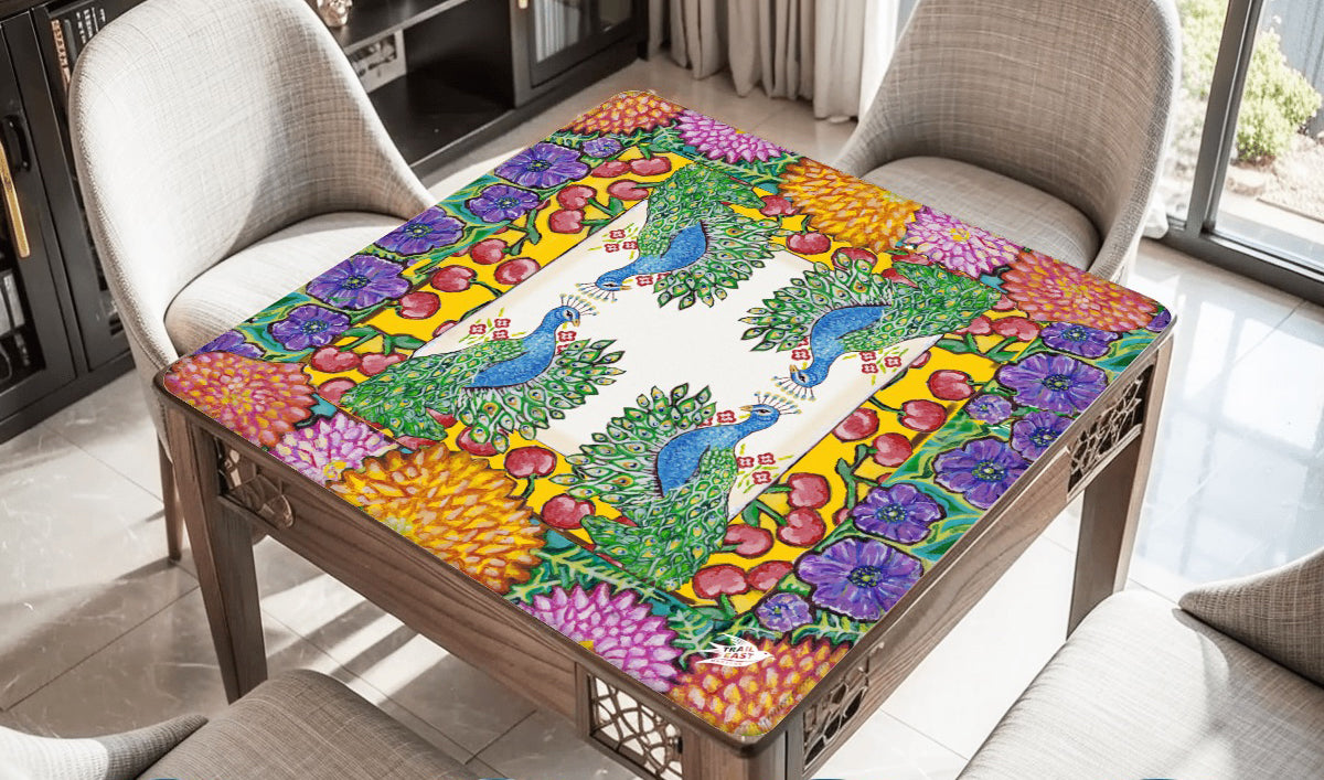 A colorful mahjong mat featuring an original painting of peacocks, cherries, dahlias and anemones flowers.