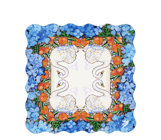 A scalloped mahjong mat featuring an original painting of swans, oranges, orange blossoms and hydrangeas.