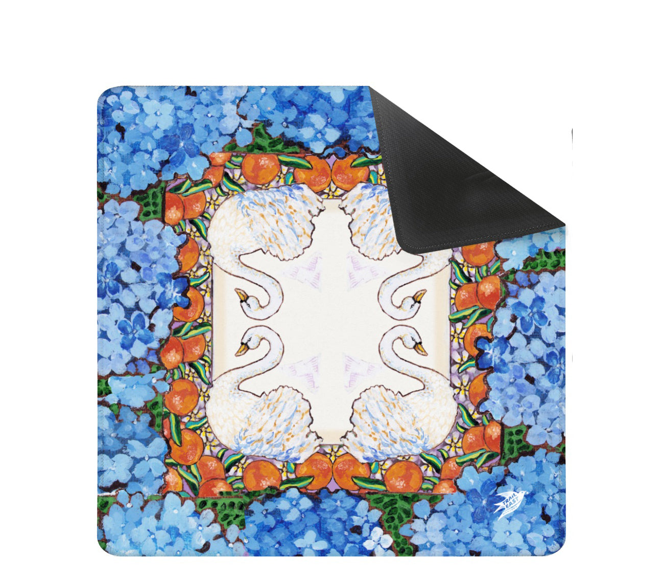 A scalloped mahjong mat featuring an original painting of swans, oranges, orange blossoms and hydrangeas.