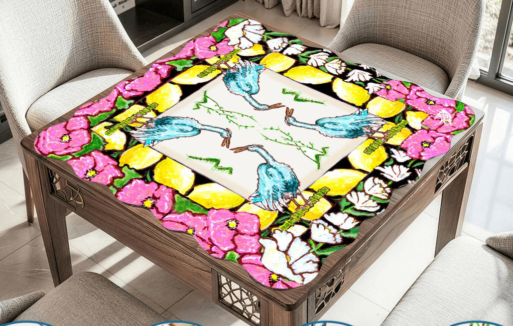 A beautiful Mahjong Mat with original art of a Heron, anemone flowers, Lilly of the valley flowers and lemons.