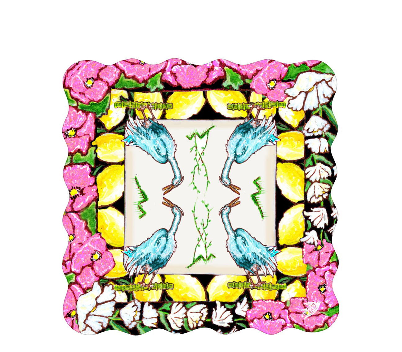 A beautiful Mahjong Mat with original art of a Heron, anemone flowers, Lilly of the valley flowers and lemons.